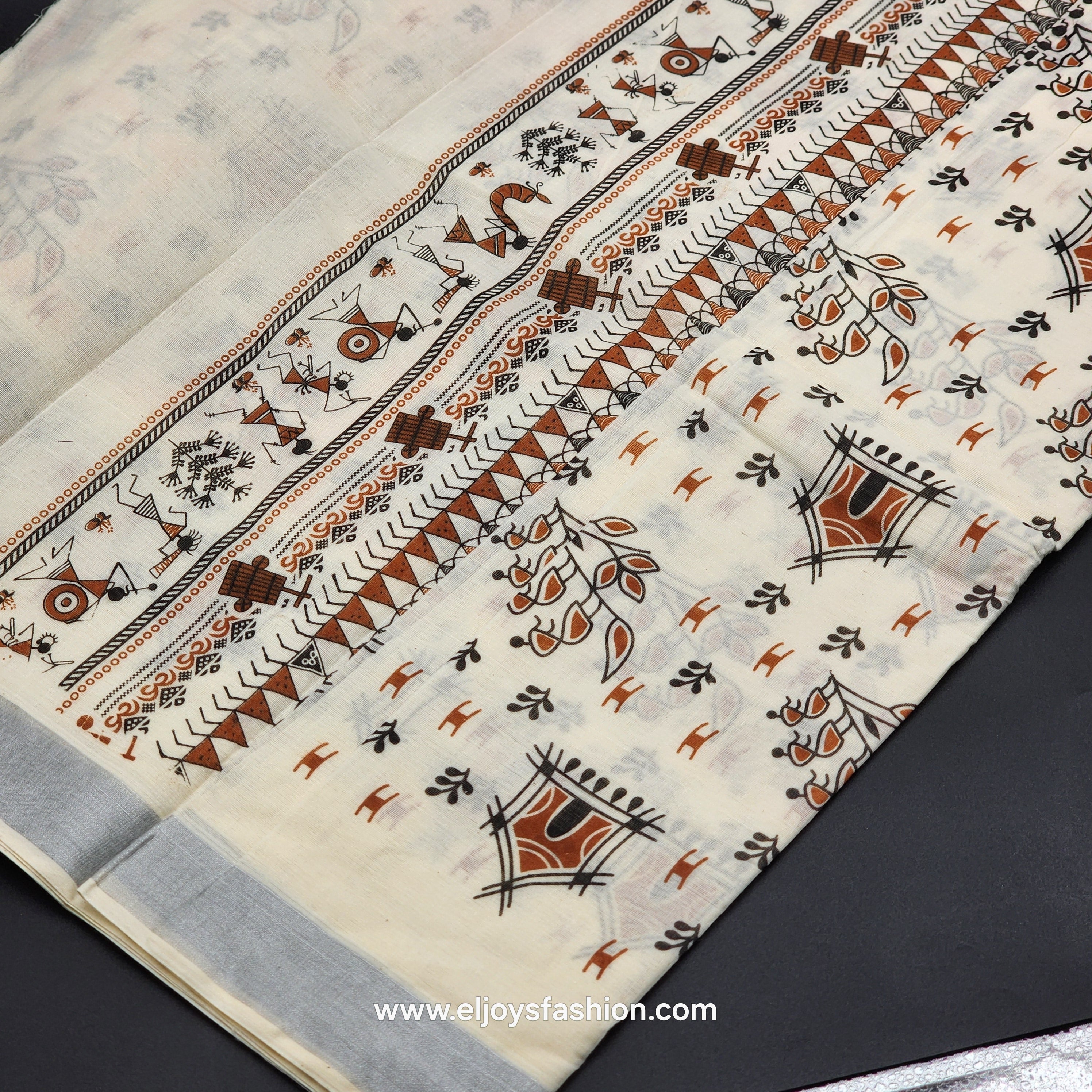 Saree printed in black orange village theme 2151