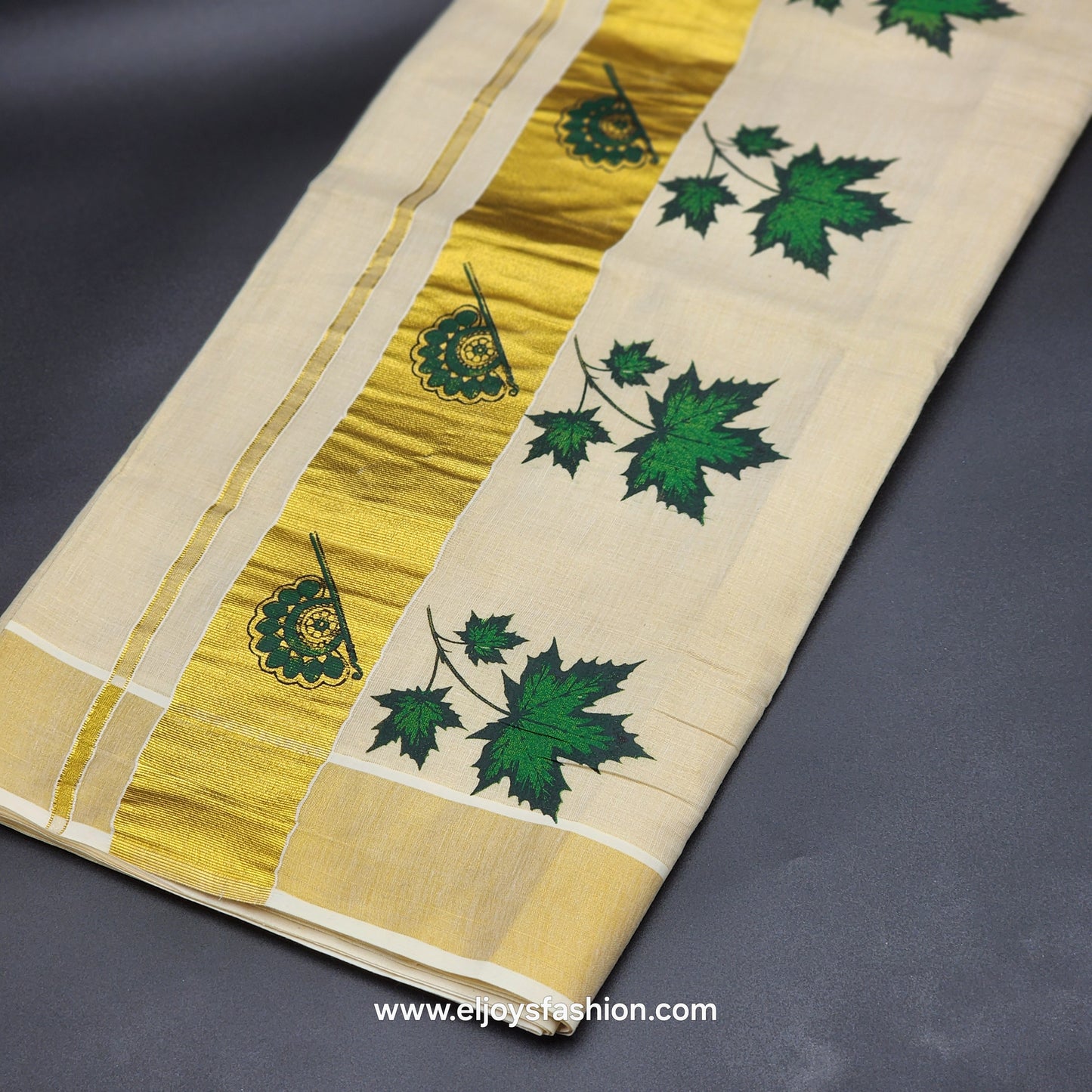 Kerala Saree 4 inch wide golden border and Green leaves on body   2143