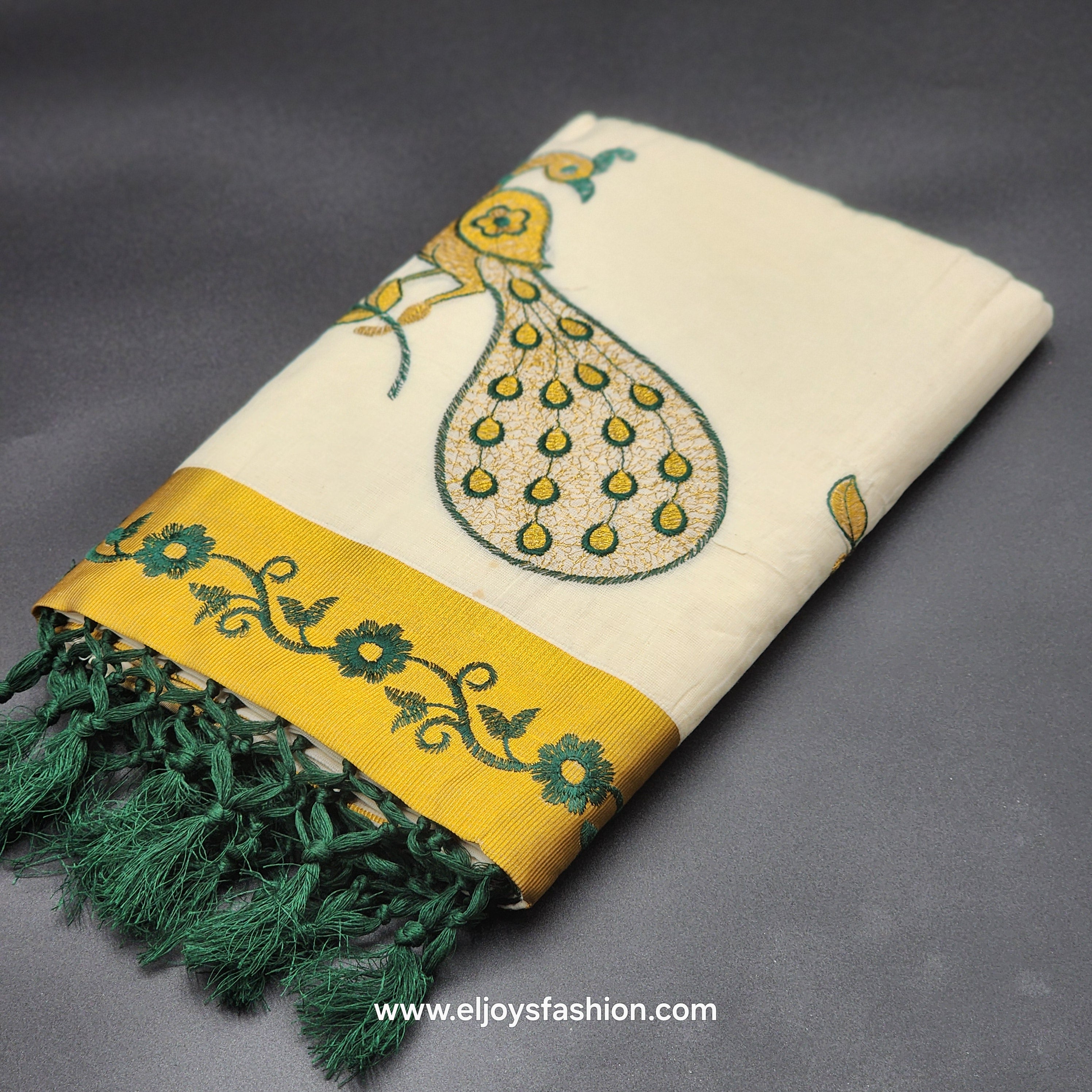 Saree golden border green creeper embroidery and full body Peacock design green/Gold embroidered 2150