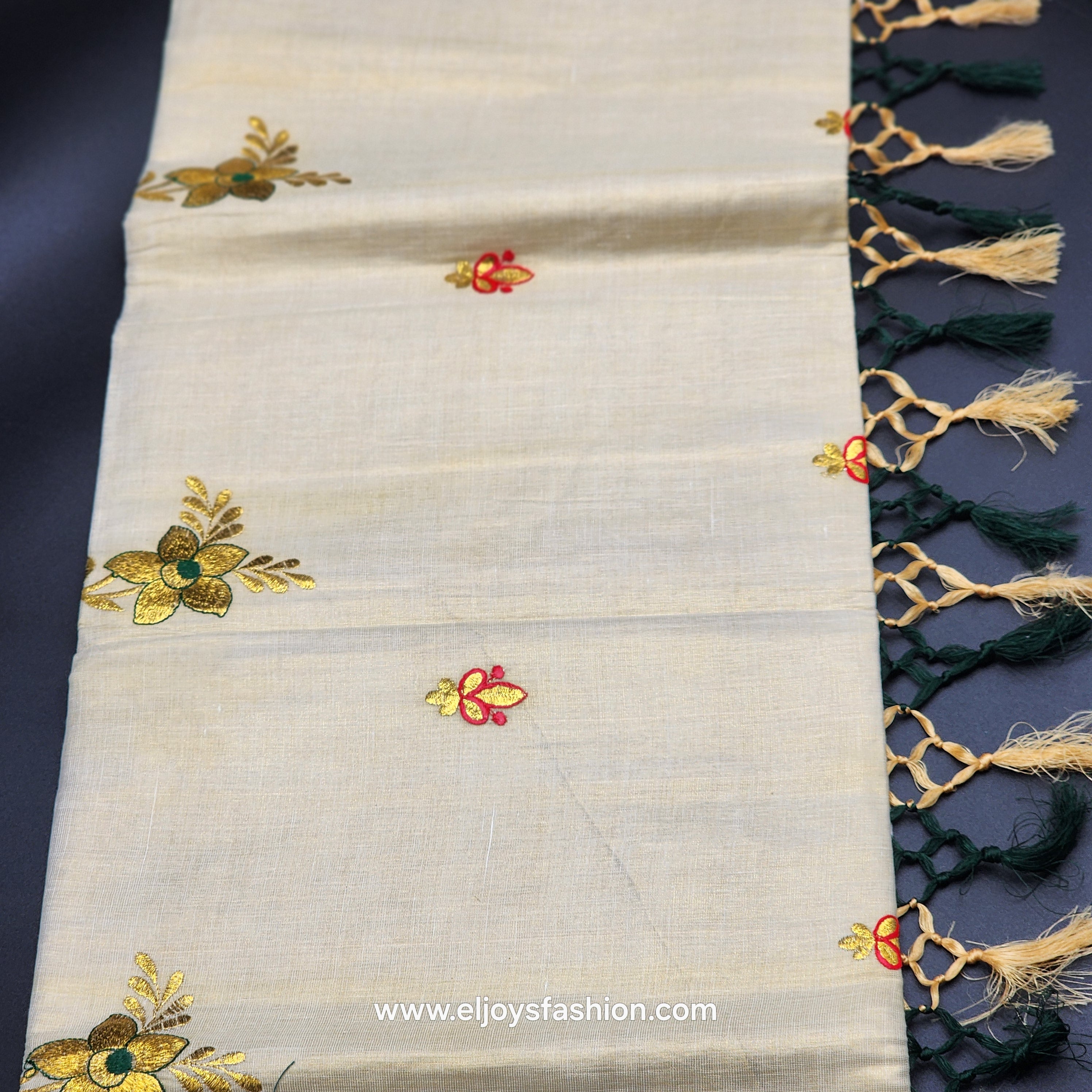 Saree 4 inch wide golden border with Green Creeper embroidery and Golden green red floral embroidery on body 2146