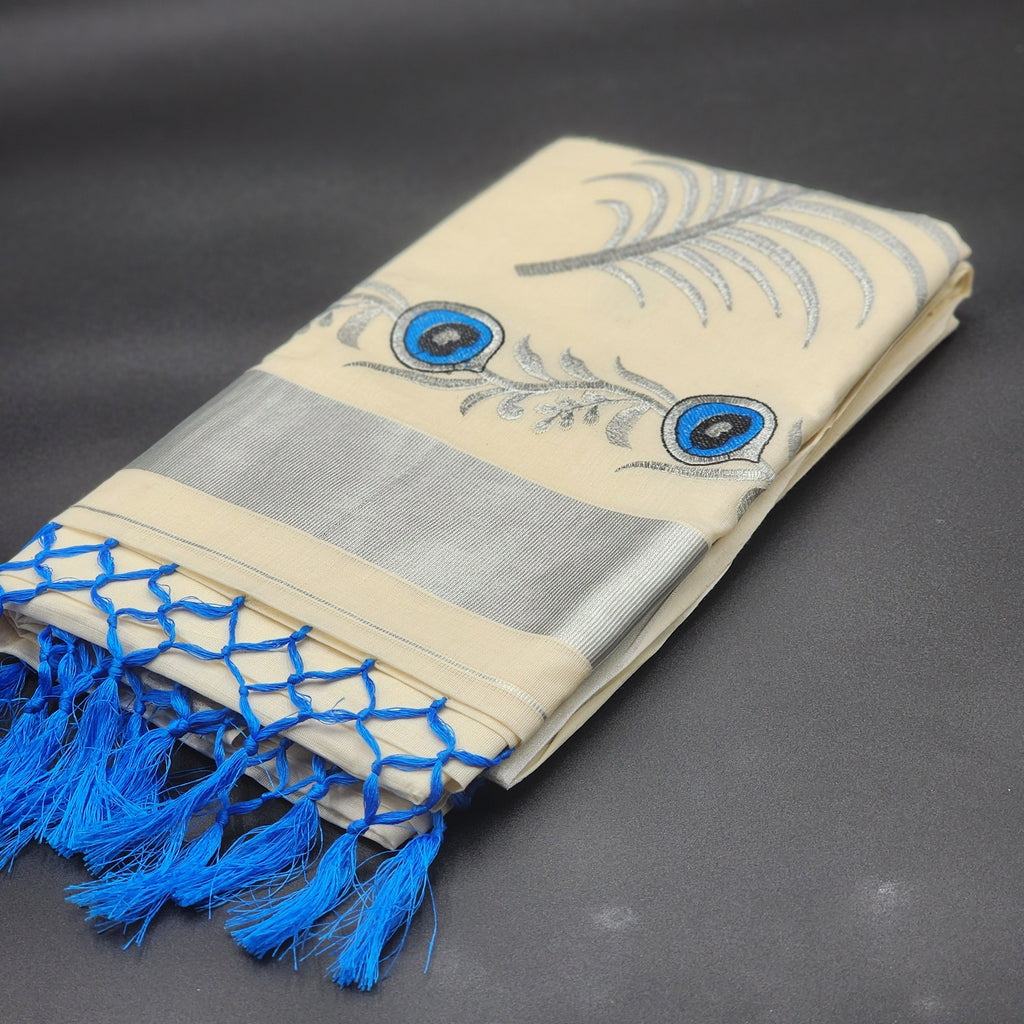 Tissue Silk saree with covert design and Silver borders in stunning silver ,Blue and black color combination 2109