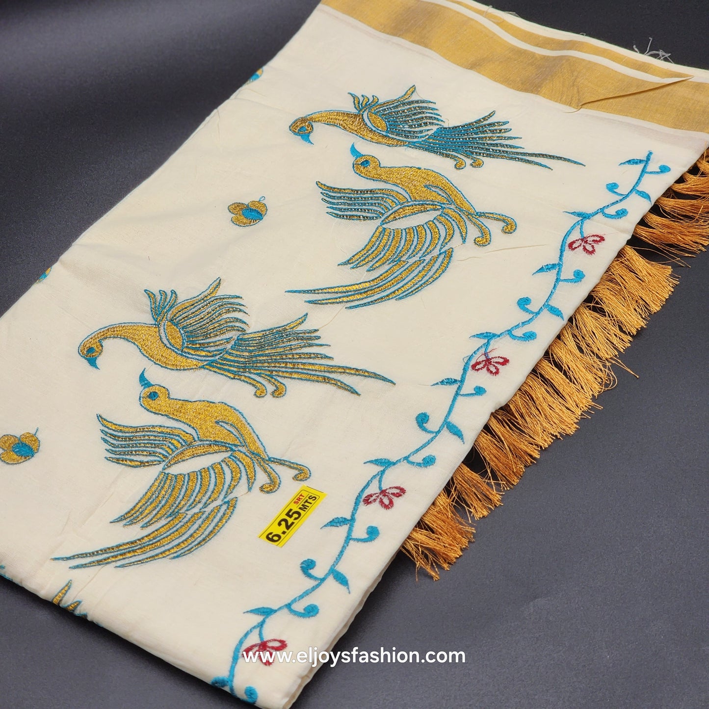 Kerala Saree Embroidered birds design in golden and blue with blue creeper border Tassel work  2142