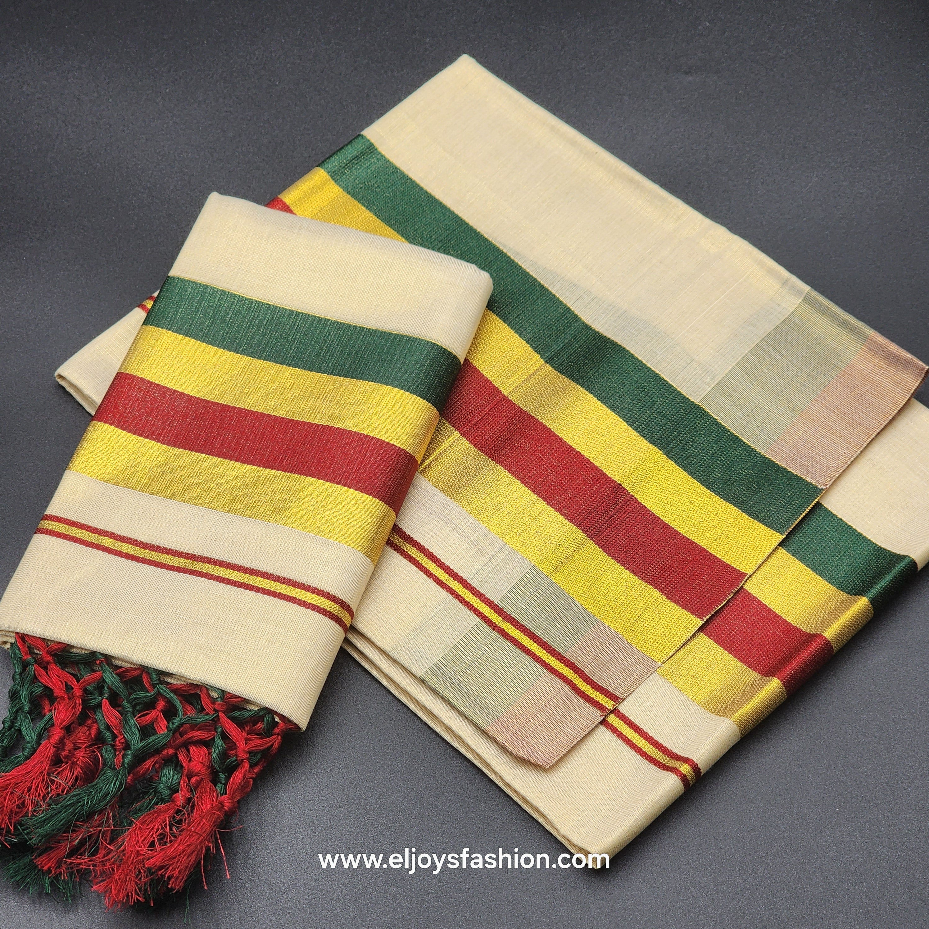 Set Mundu Tissue Silk Broader Green,Gold, Burgundy 4008 Eljoys Fashion