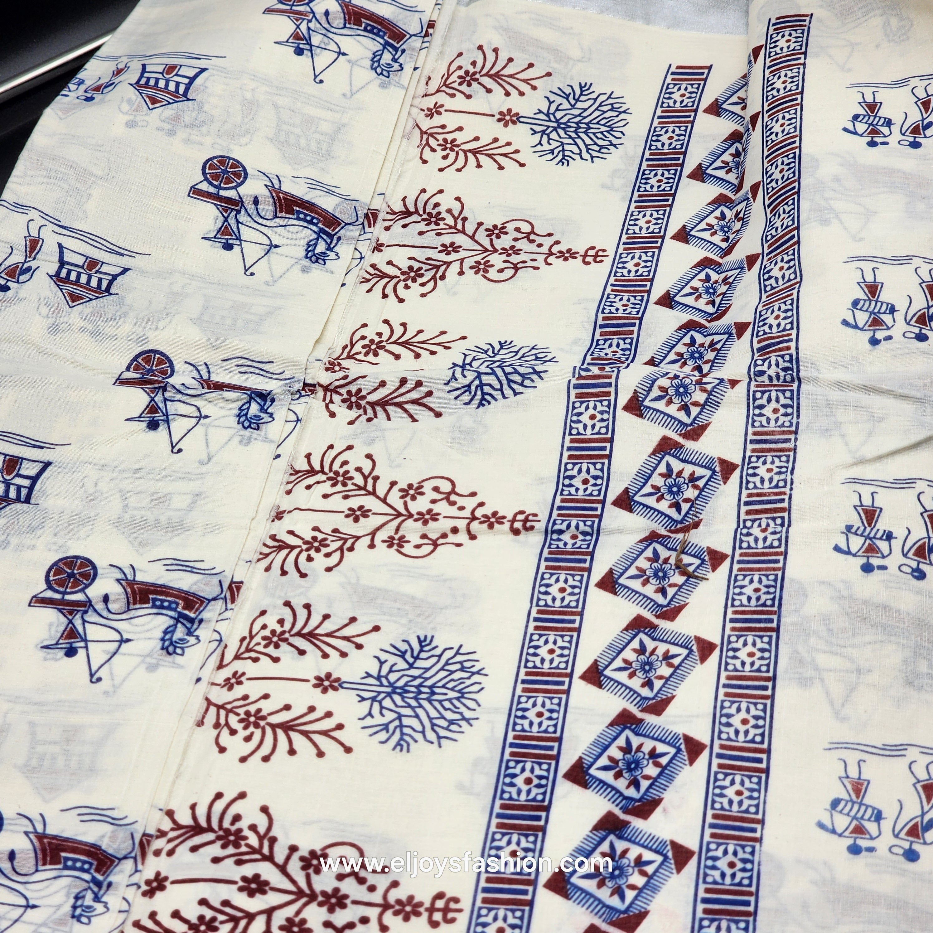Saree printed in blue and red village theme 2152
