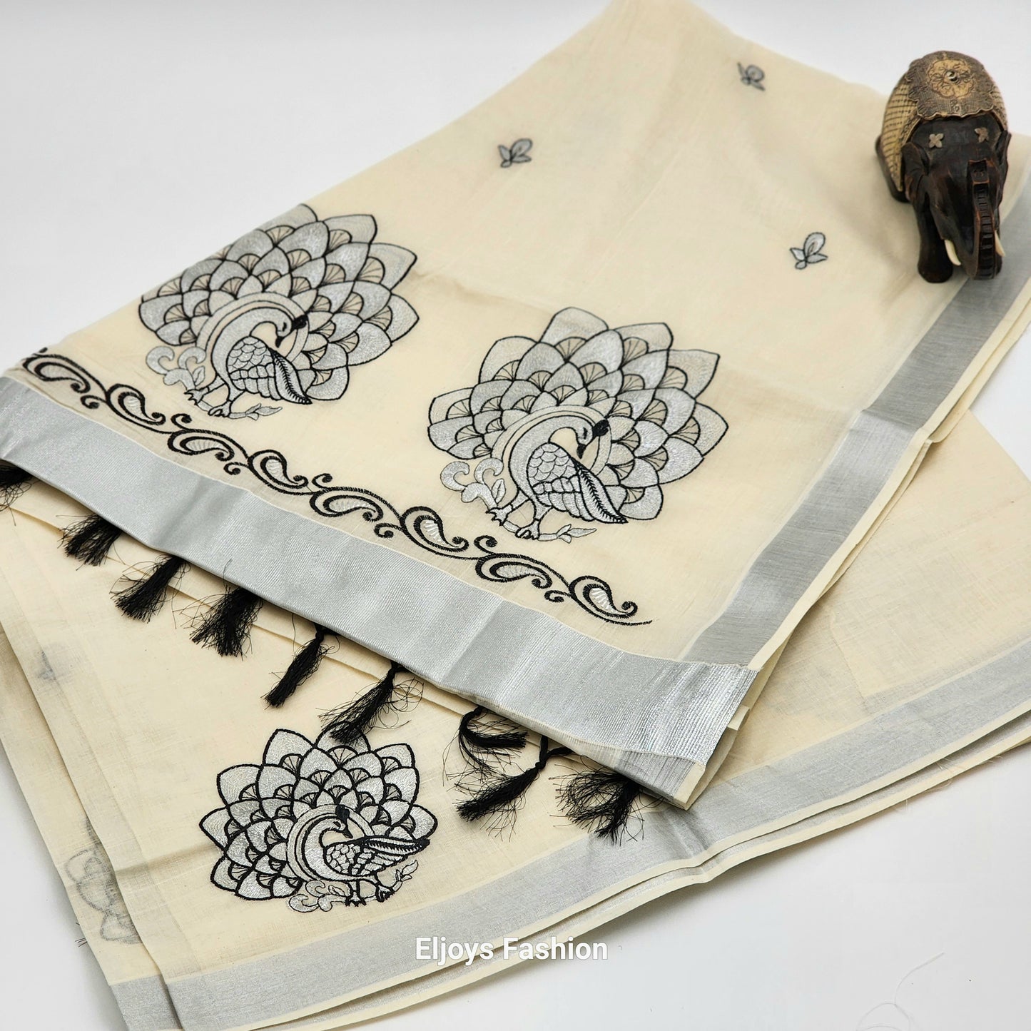 Tissue Silk South Indian Saree - Peacock design Cream and black combo