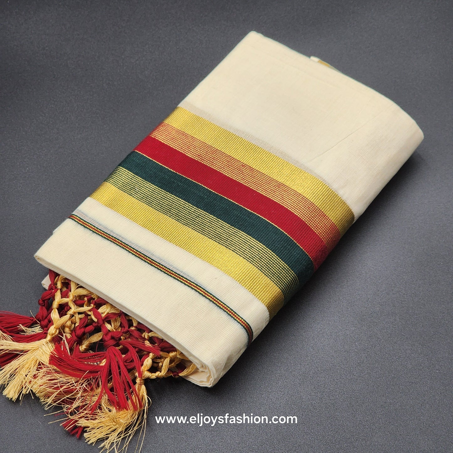 Set Mundu Tissue Silk Broader Green,Gold, Burgundy with Tassel work 4010