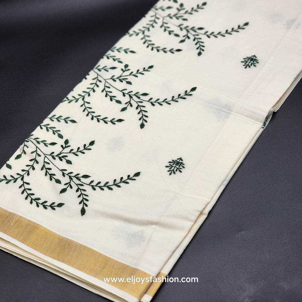 Kerala Saree 3 inch wide golden border and green creeper embroidery works on body 2144