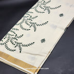 Kerala Saree 3 inch wide golden border and green creeper embroidery works on body 2144