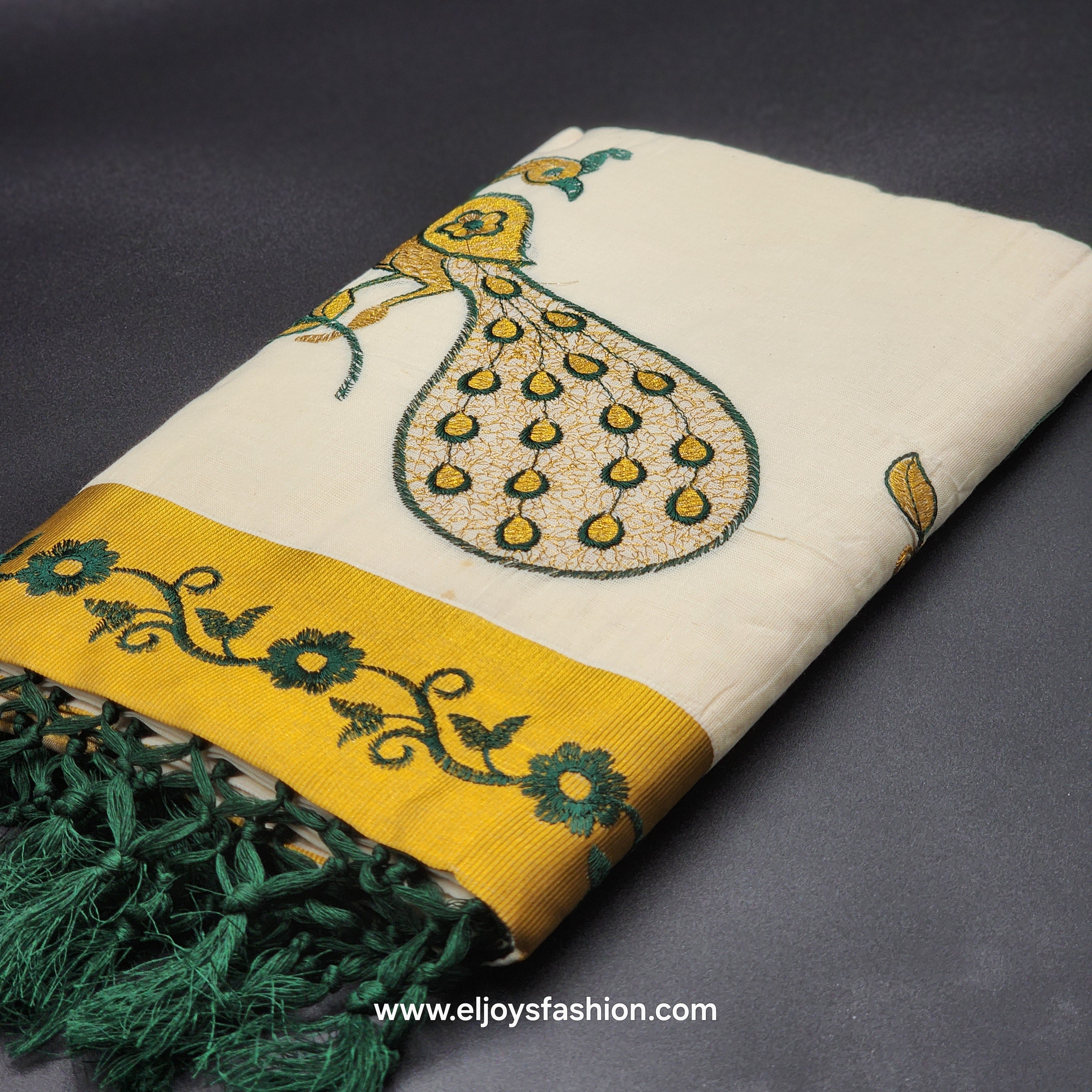 Saree golden border green creeper embroidery and full body Peacock design green/Gold embroidered 2150