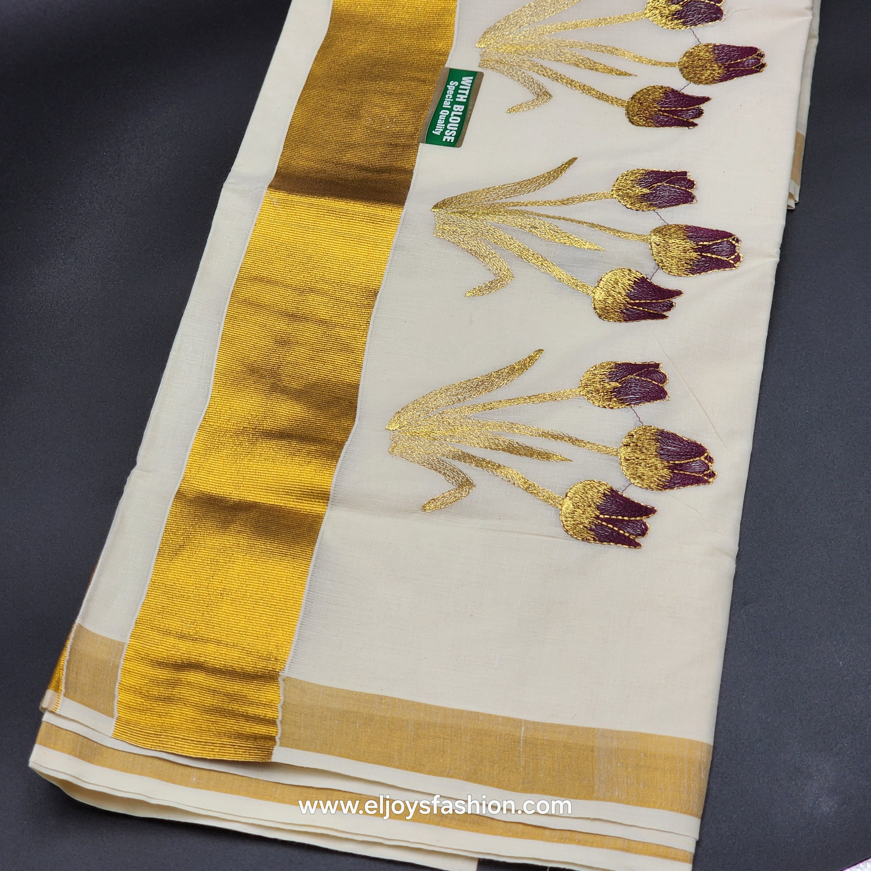 Kerala Saree 4 inch wide golden border and embroidered Tulip works on body 2145