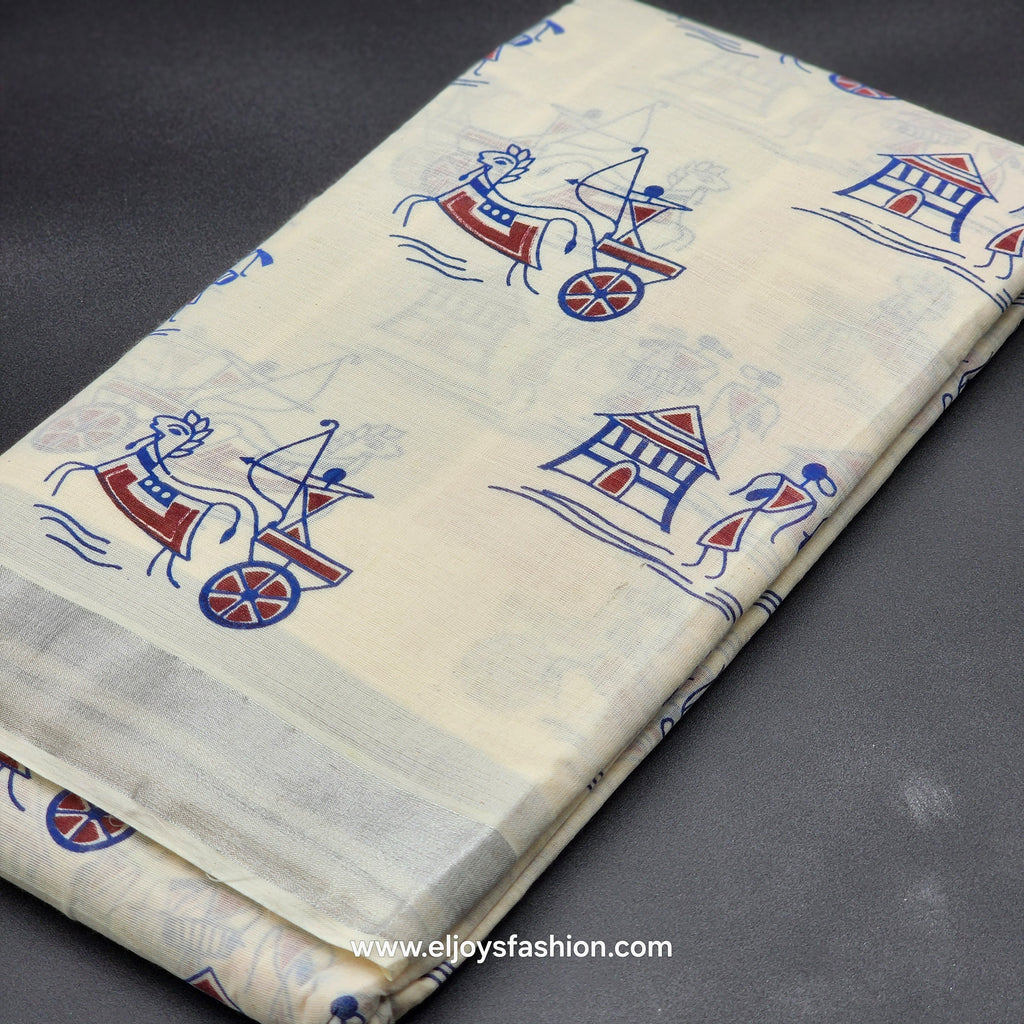 Saree printed in blue and red village theme 2152