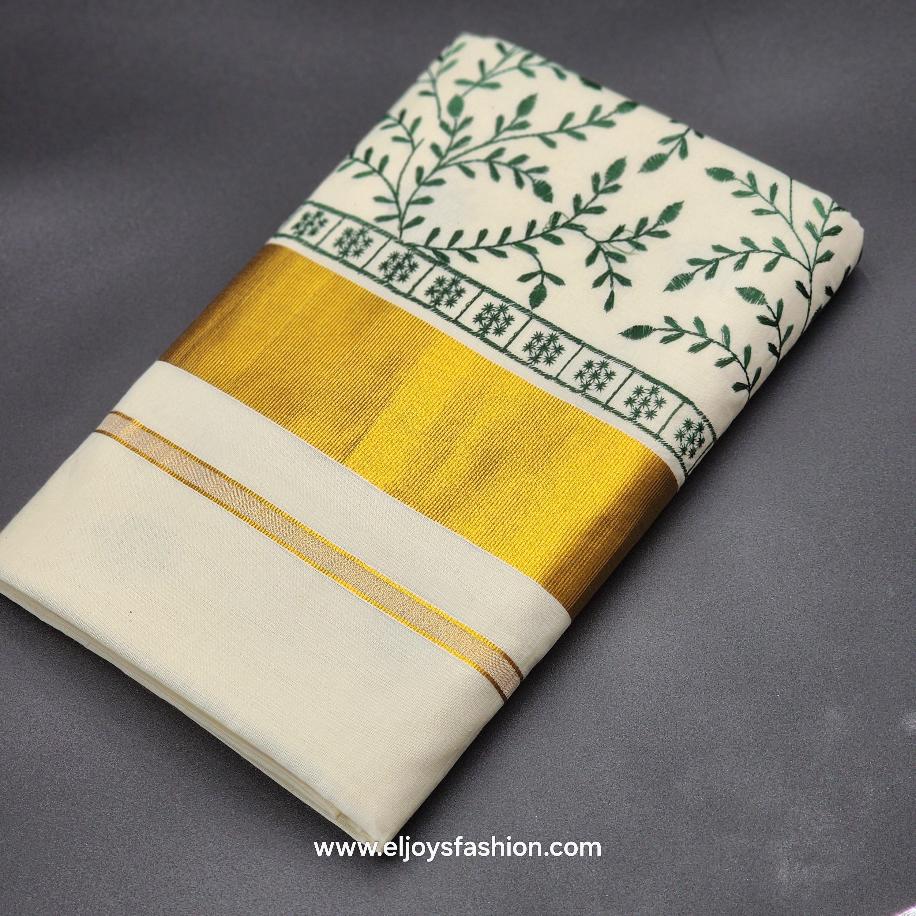 Kerala Saree 3 inch wide golden border and green creeper embroidery works on body 2144