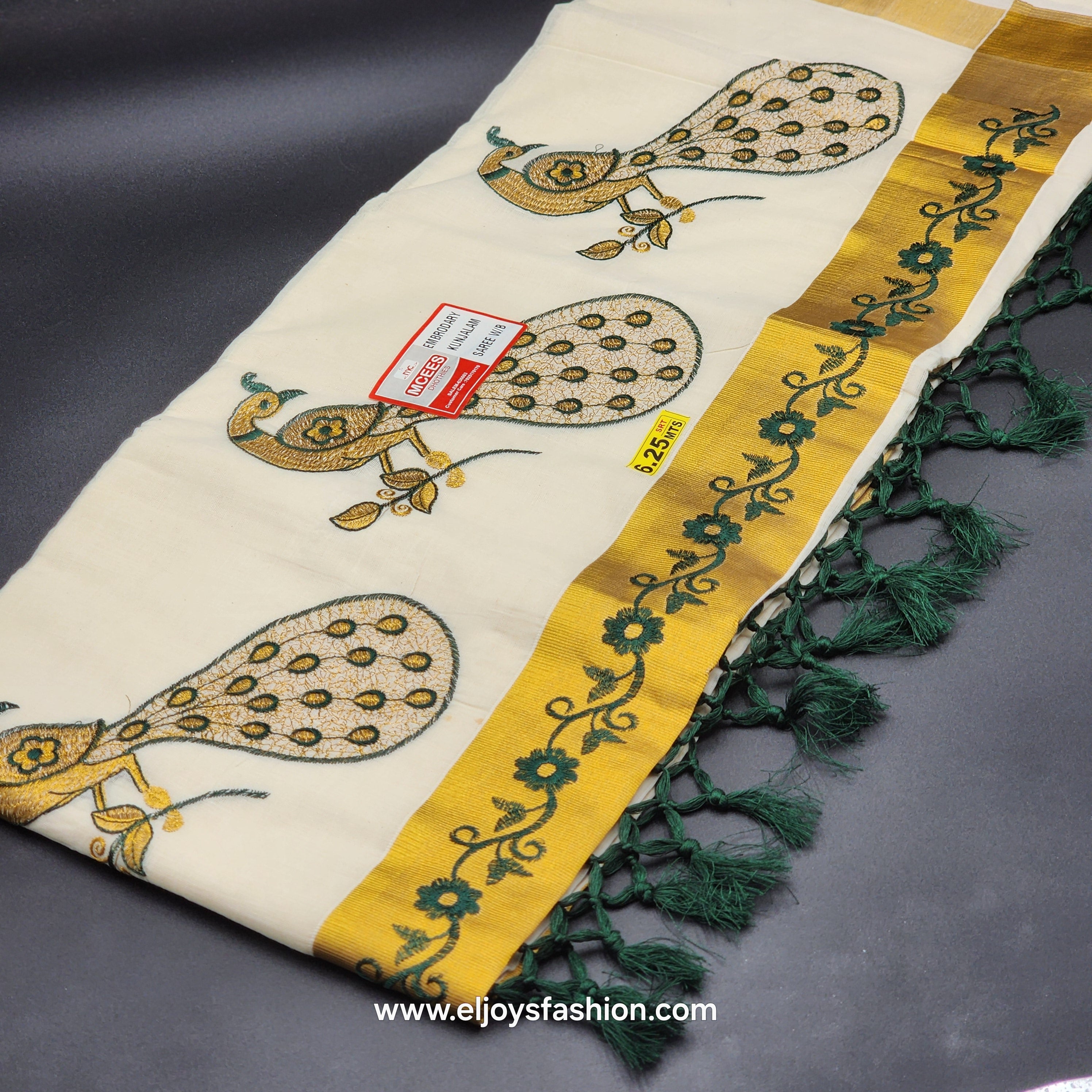 Saree golden border green creeper embroidery and full body Peacock design green/Gold embroidered 2150