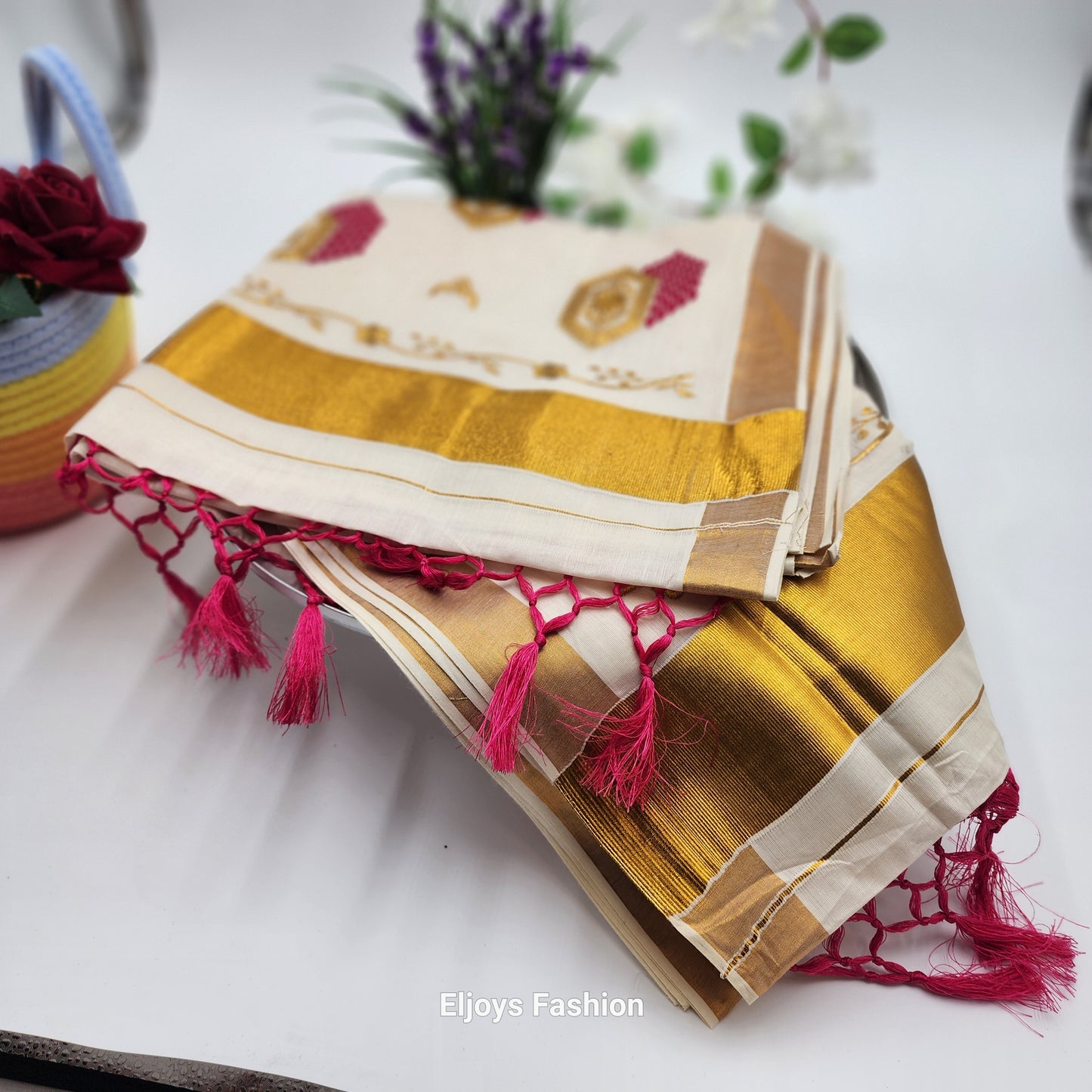 Tissue Silk South Indian Saree with Gold borders and Red Patterns