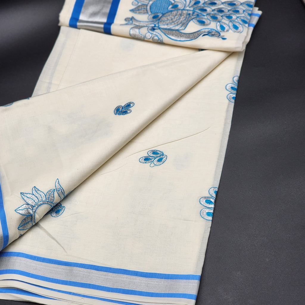 Tissue Silk South Indian Saree - Peacock design Blue and, Silver combo 2132 Eljoys Fashion