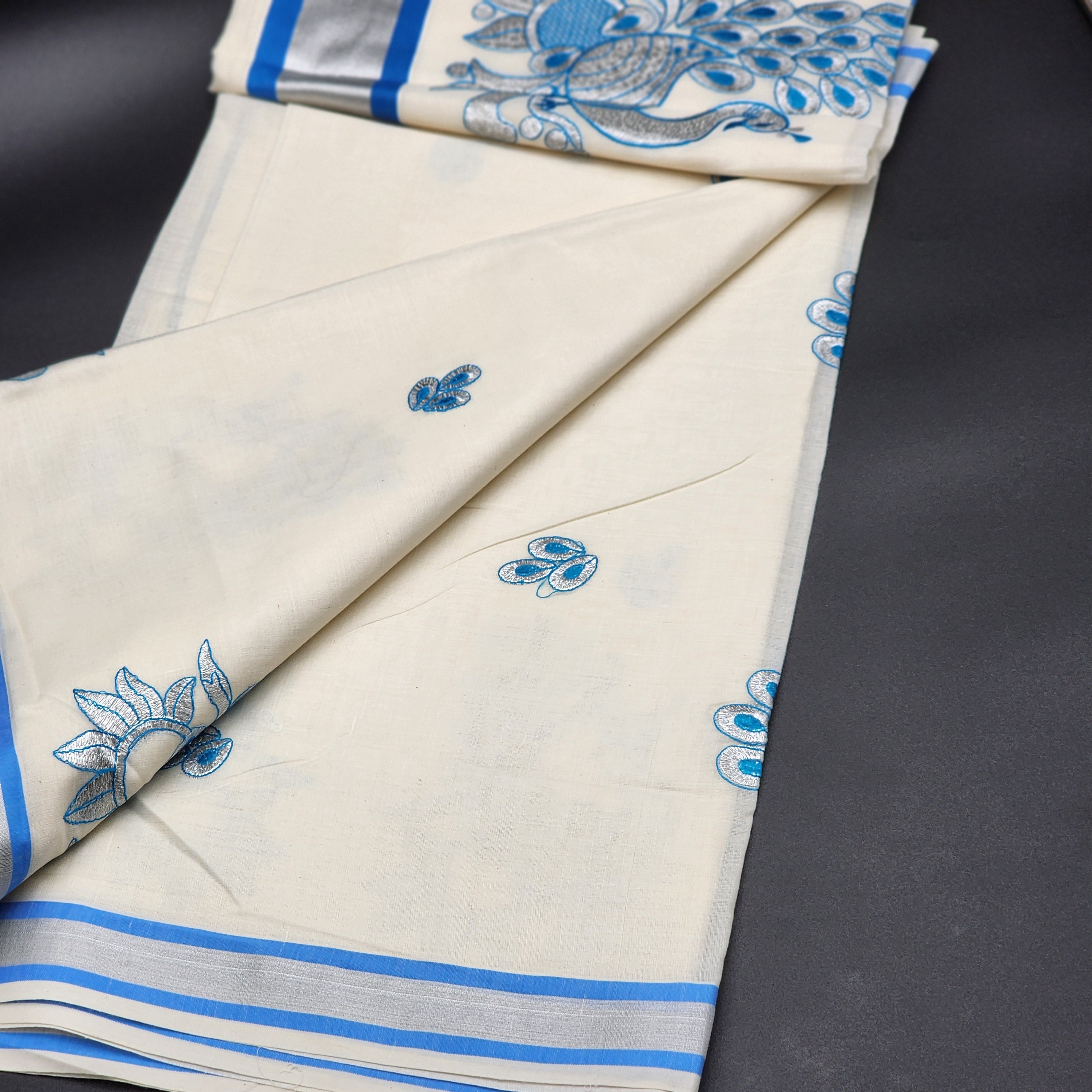 Tissue Silk South Indian Saree - Peacock design Blue and, Silver combo 2132 Eljoys Fashion