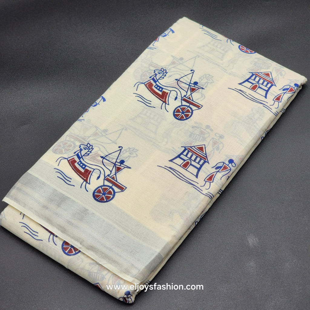 Saree printed in blue and red village theme 2152
