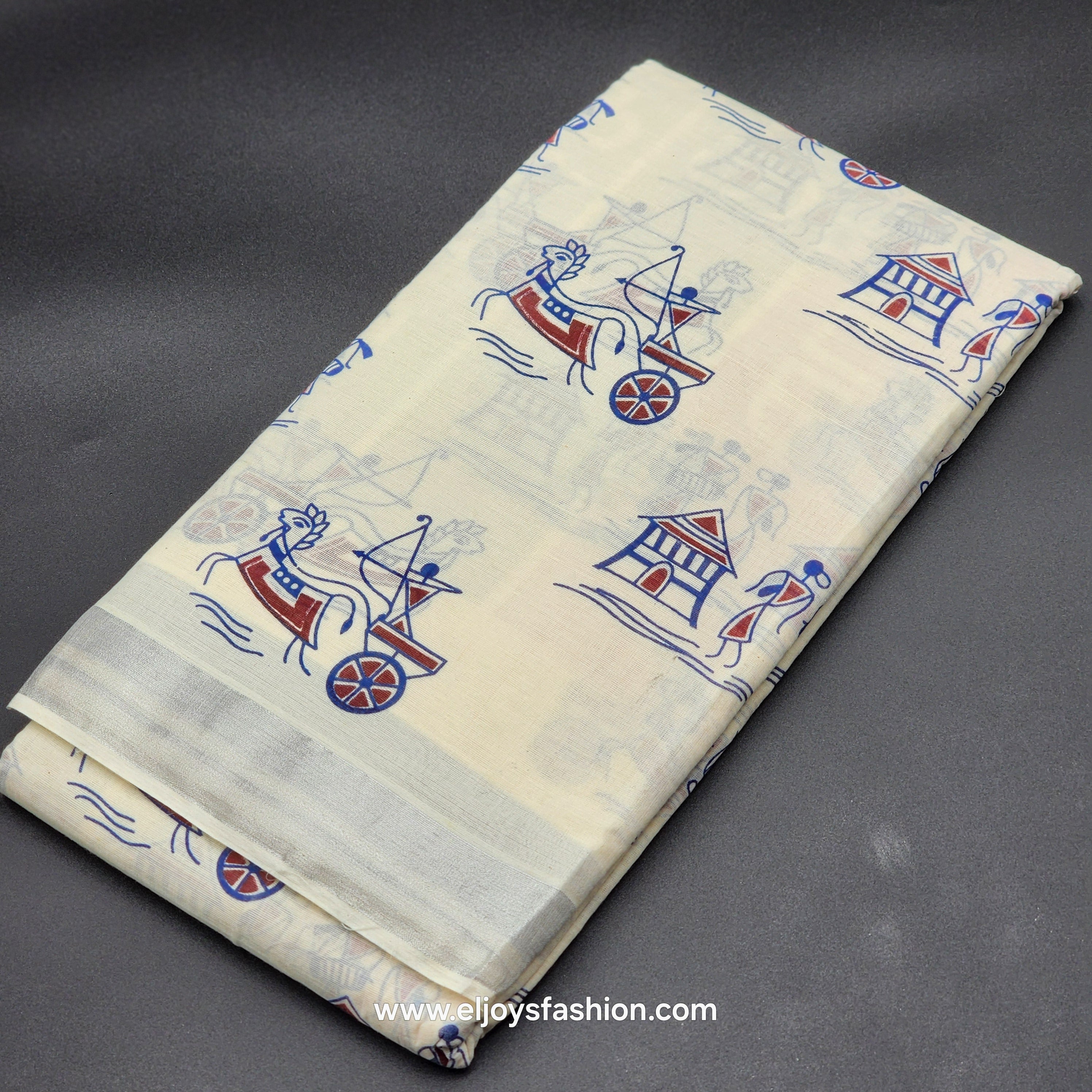 Saree printed in blue and red village theme 2152