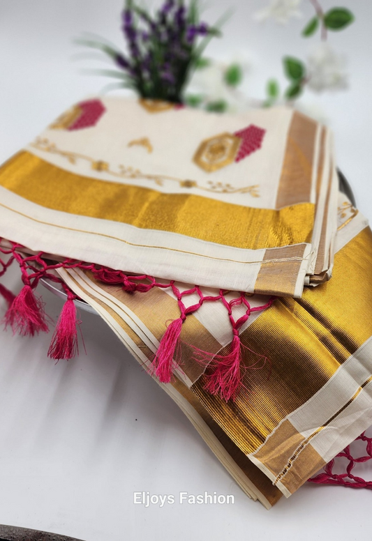 Tissue Silk South Indian Saree with Gold borders and Red Patterns