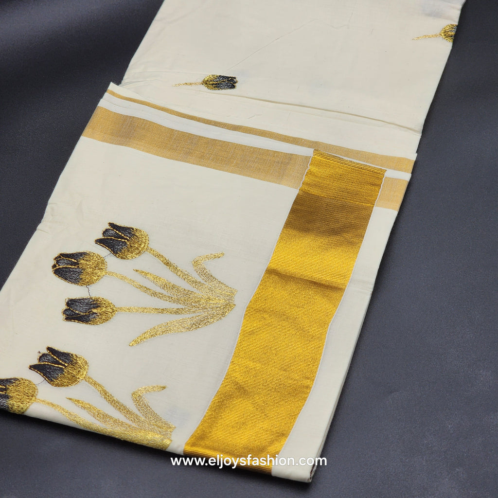 Kerala Saree 4 inch wide golden border and embroidered Tulip works on body 2145