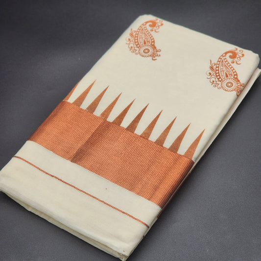 Kerala cotton Saree with a distinct metallic gold Zari temple border and paisley detail 2140 Eljoys Fashion