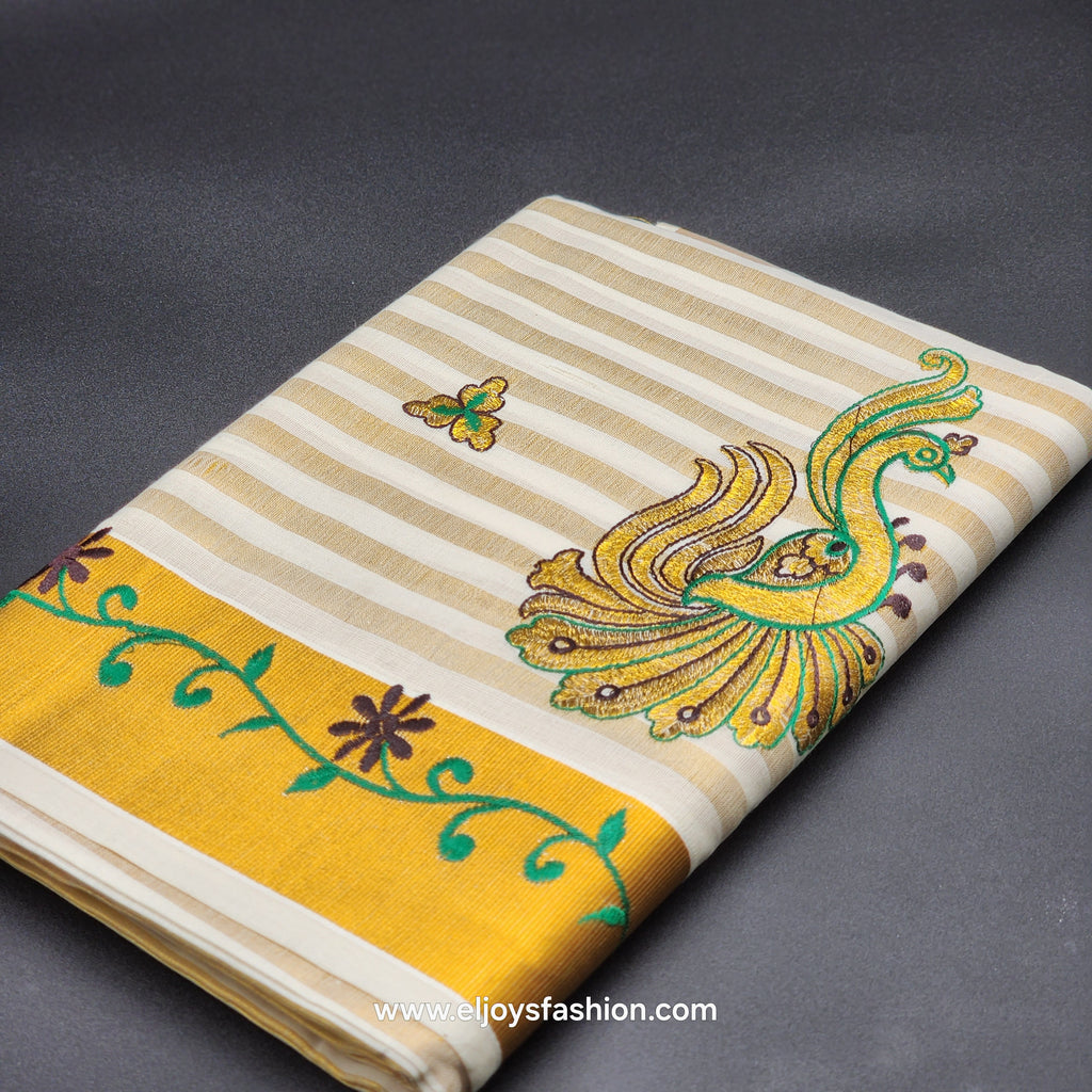Saree golden border green creeper embroidery and full body Peacock design green/chocolate embroidered 2149