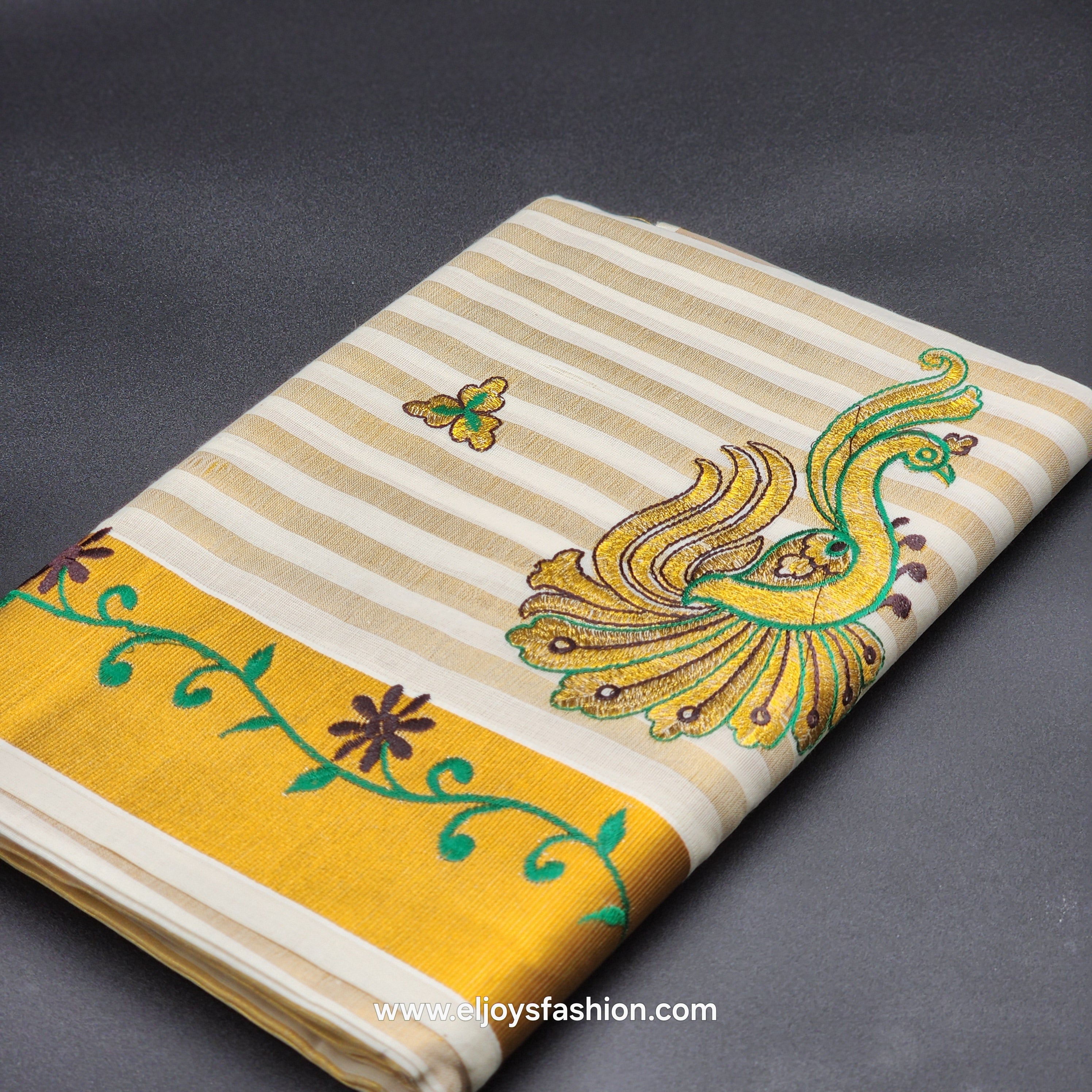 Saree golden border green creeper embroidery and full body Peacock design green/chocolate embroidered 2149