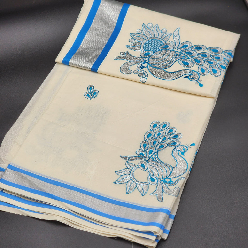 Tissue Silk South Indian Saree - Peacock design Blue and, Silver combo 2132 Eljoys Fashion