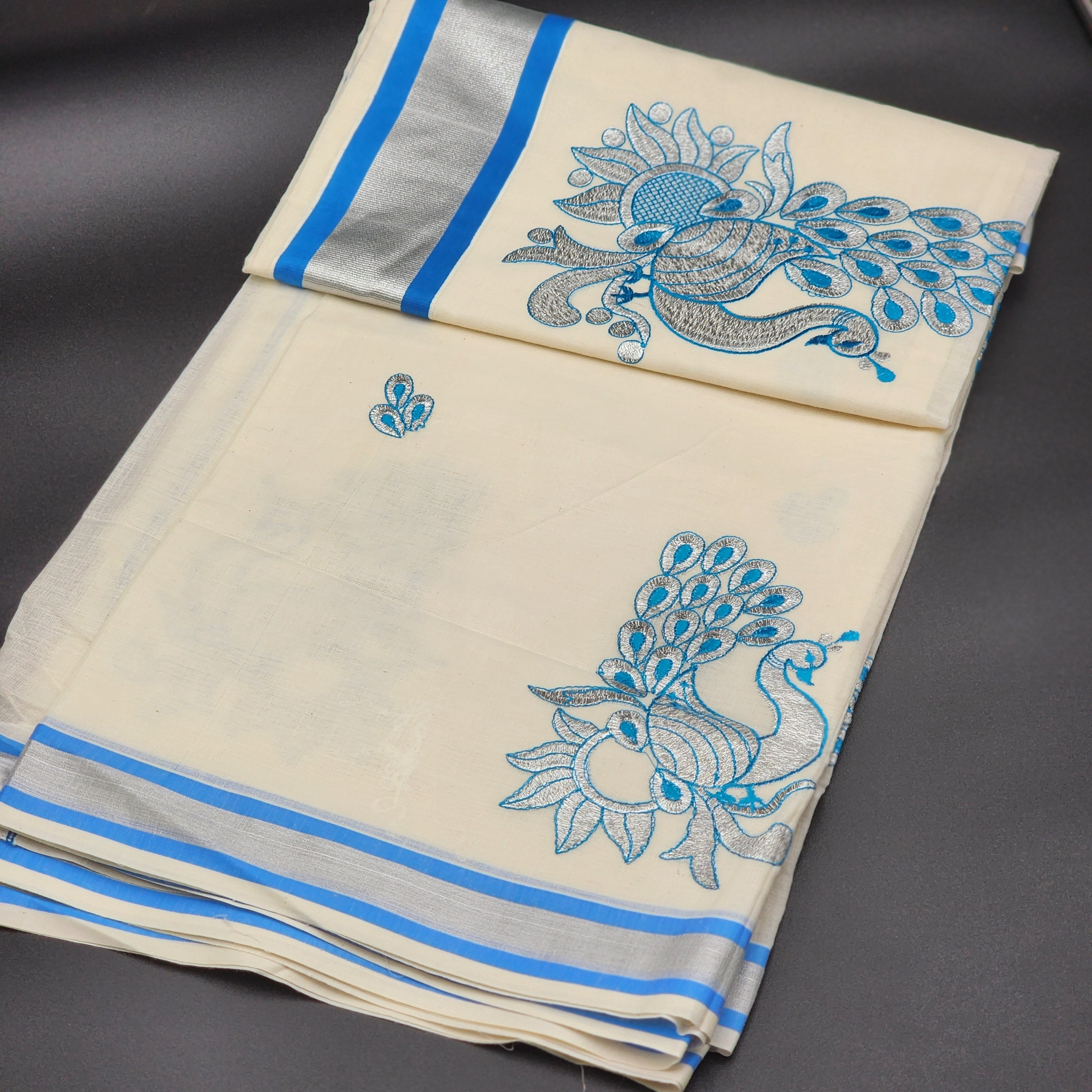 Tissue Silk South Indian Saree - Peacock design Blue and, Silver combo 2132 Eljoys Fashion