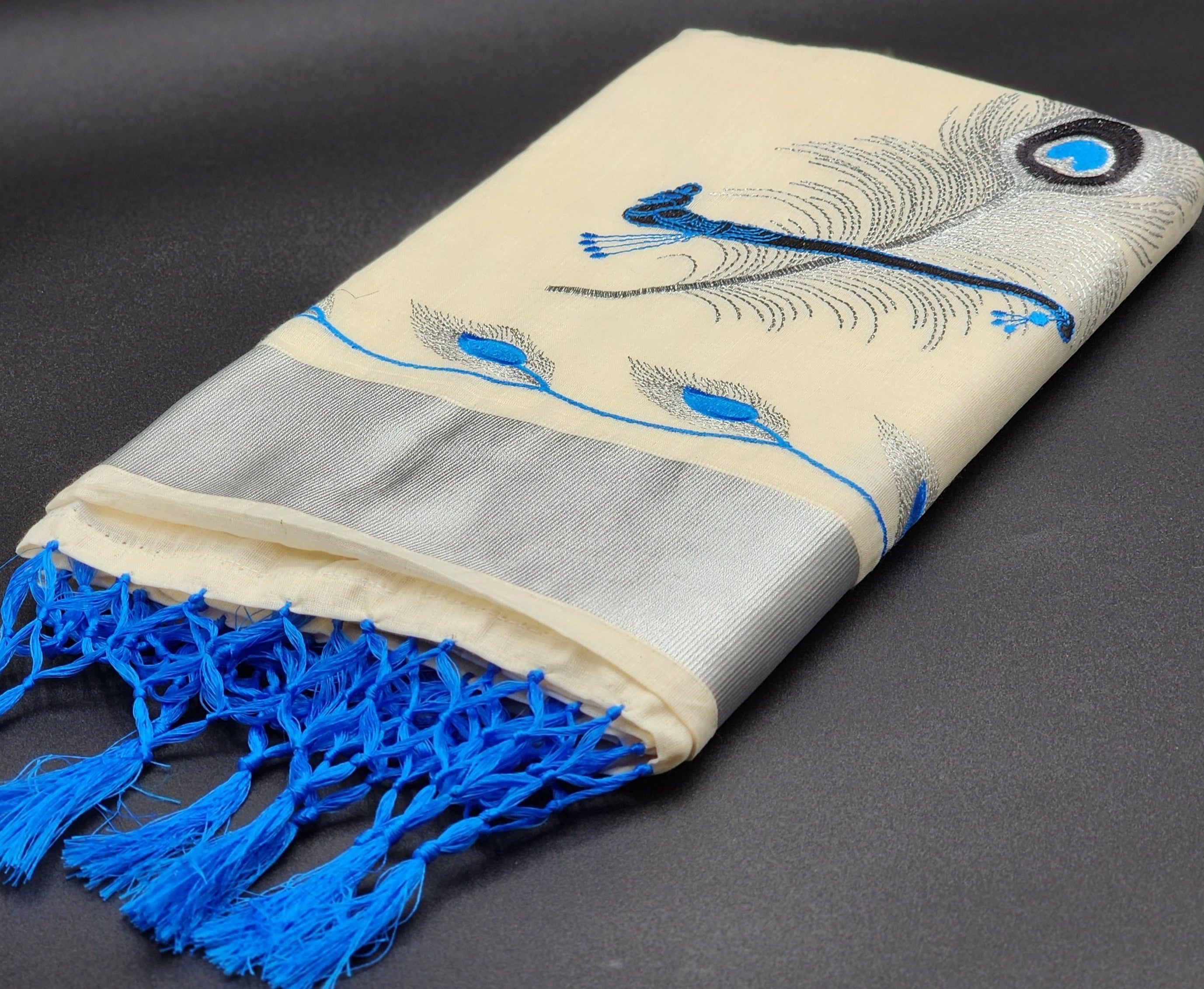 Tissue silk saree Silver and blue coverts design with blue silver floral borders 2105