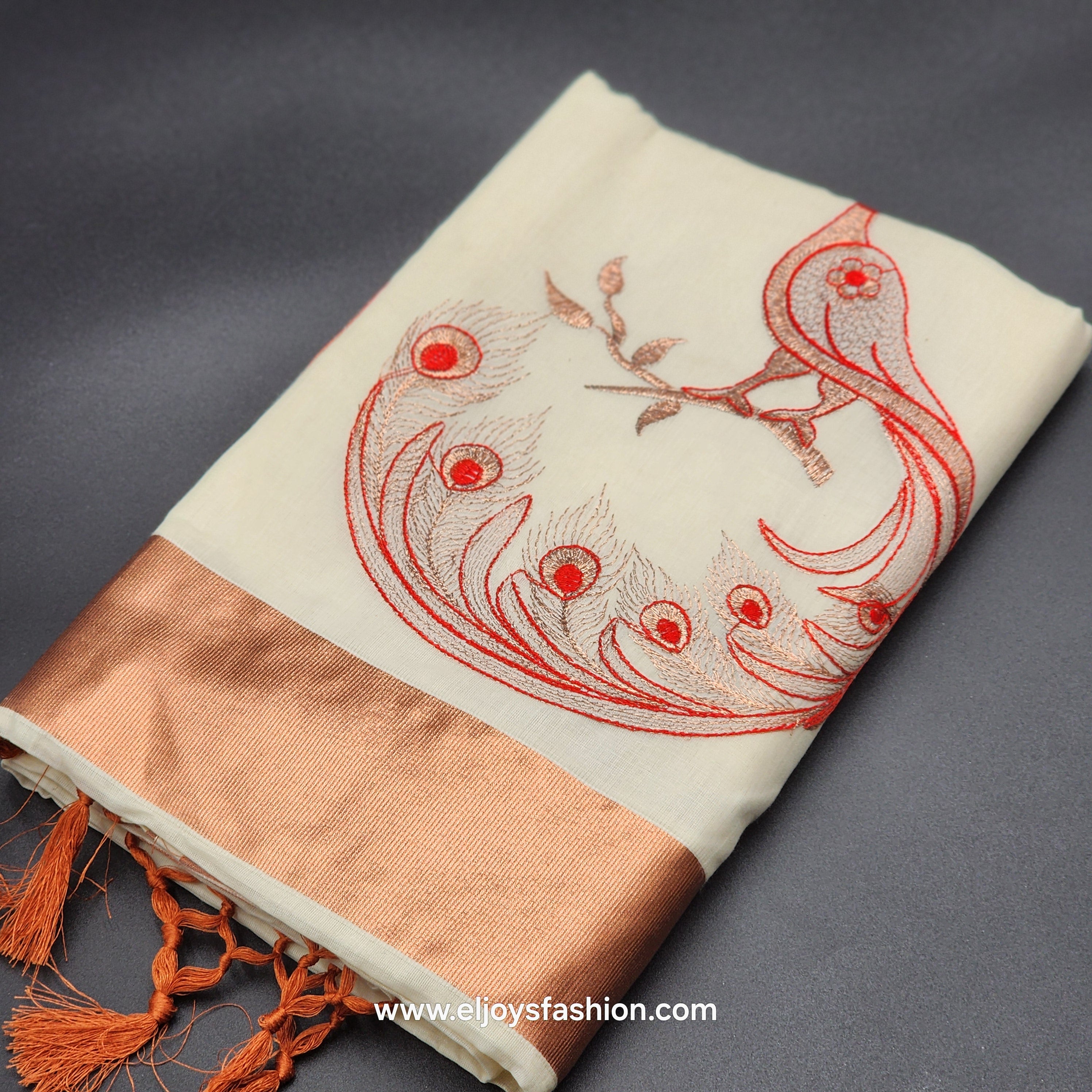 Saree 4 inch wide copper border with Tassel works ,The body is an embroidered red peacock on a golden branch 2147