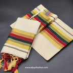 Set Mundu Tissue Silk Broader Green,Gold, Burgundy with Tassel work 4010