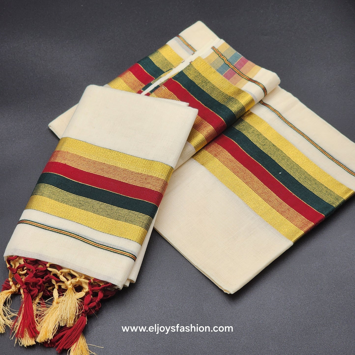 Set Mundu Tissue Silk Broader Green,Gold, Burgundy with Tassel work 4010