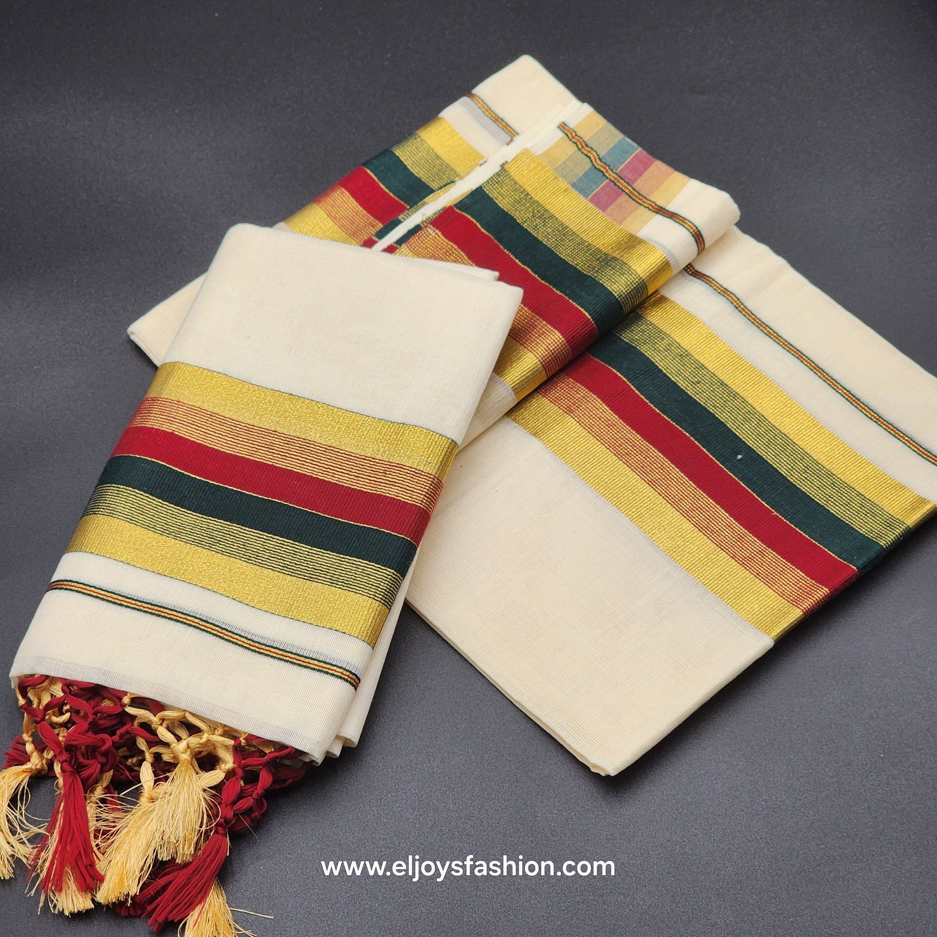 Set Mundu Tissue Silk Broader Green,Gold, Burgundy with Tassel work 4010