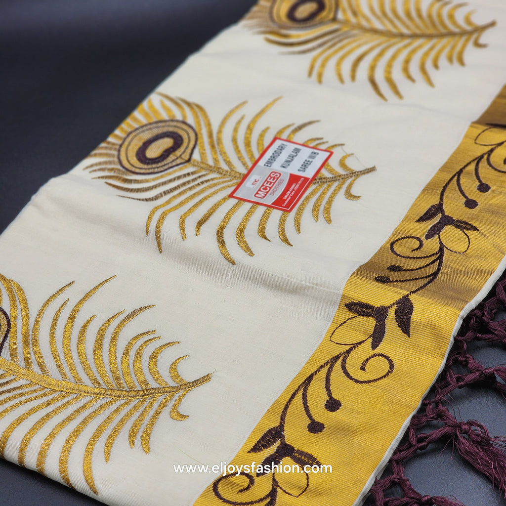 Saree 4 inch wide golden border chocolate creeper embroidery and full body Peacock train goden/choclate embroidery 2148