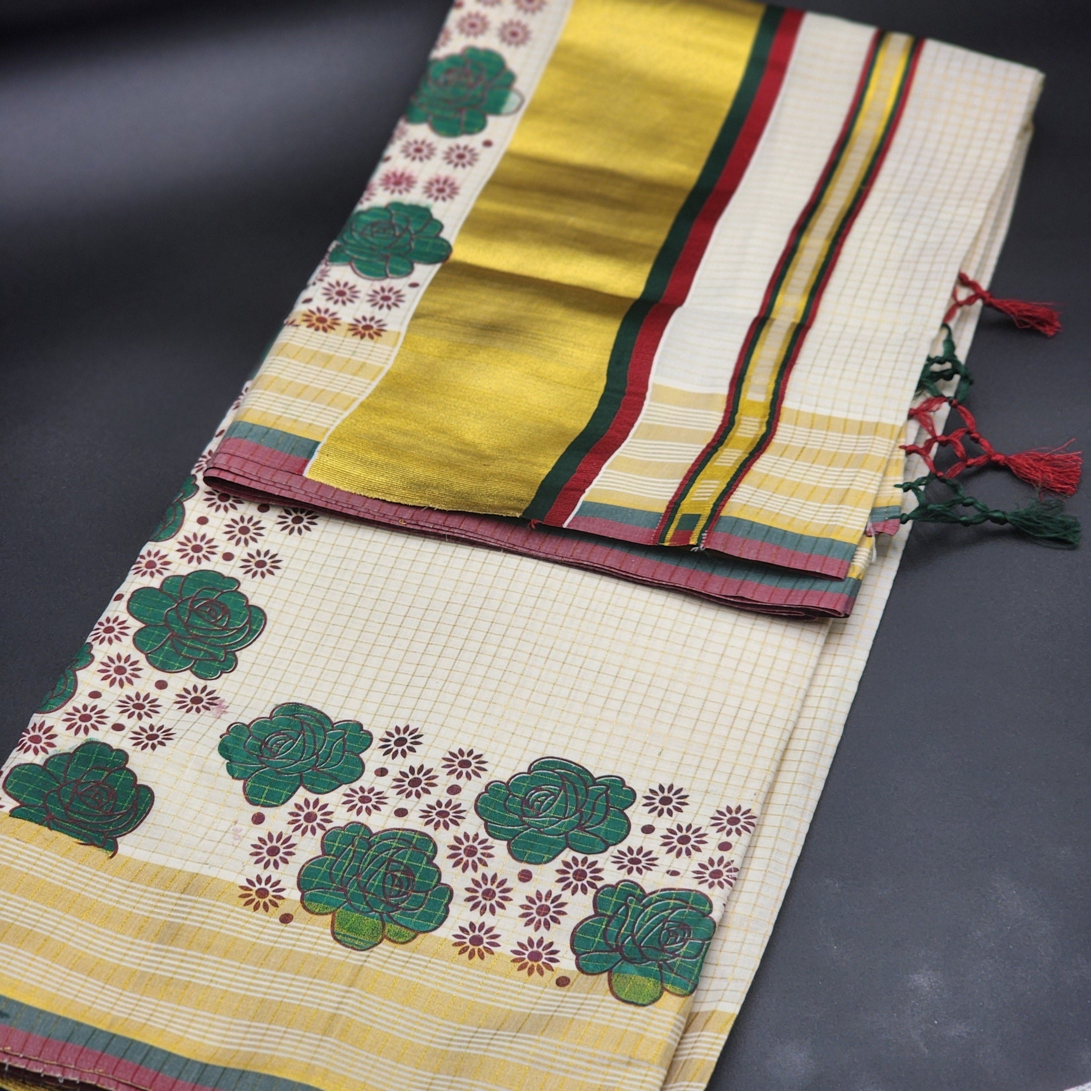 Tissue silk full body floral and line works .The pallu has wide gold light green/burgundy design with tussel work 2137 Eljoys Fashion