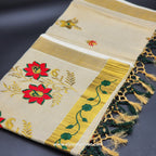 Saree 4 inch wide golden border with Green Creeper embroidery and Golden green red floral embroidery on body 2146