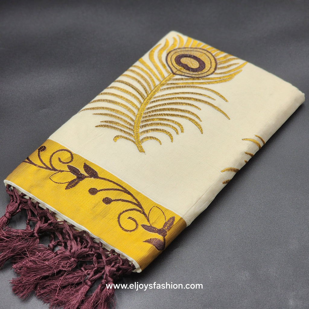 Saree 4 inch wide golden border chocolate creeper embroidery and full body Peacock train goden/choclate embroidery 2148