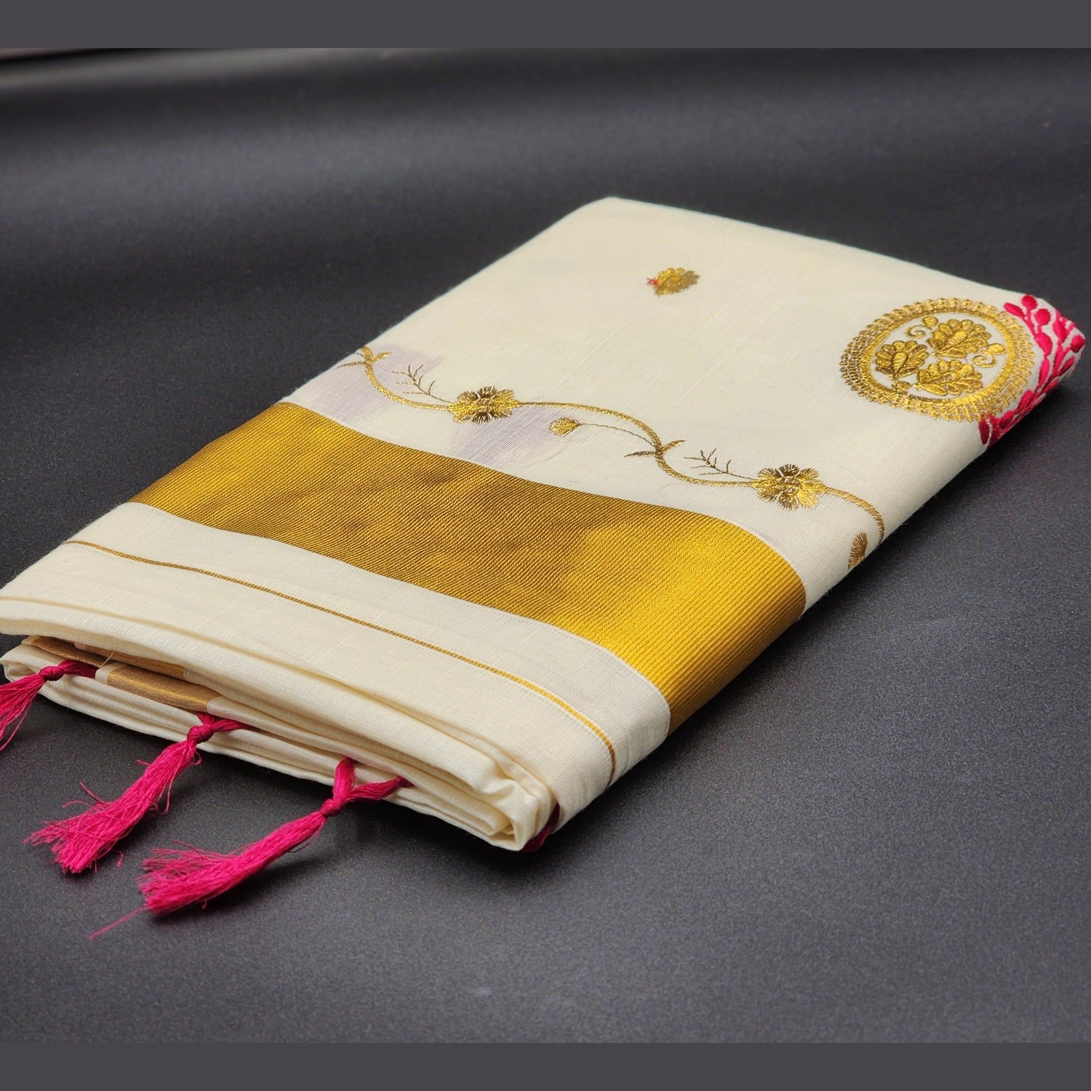 Tissue Silk Saree in Royal gold and red Floral design with Royal gold border 2107