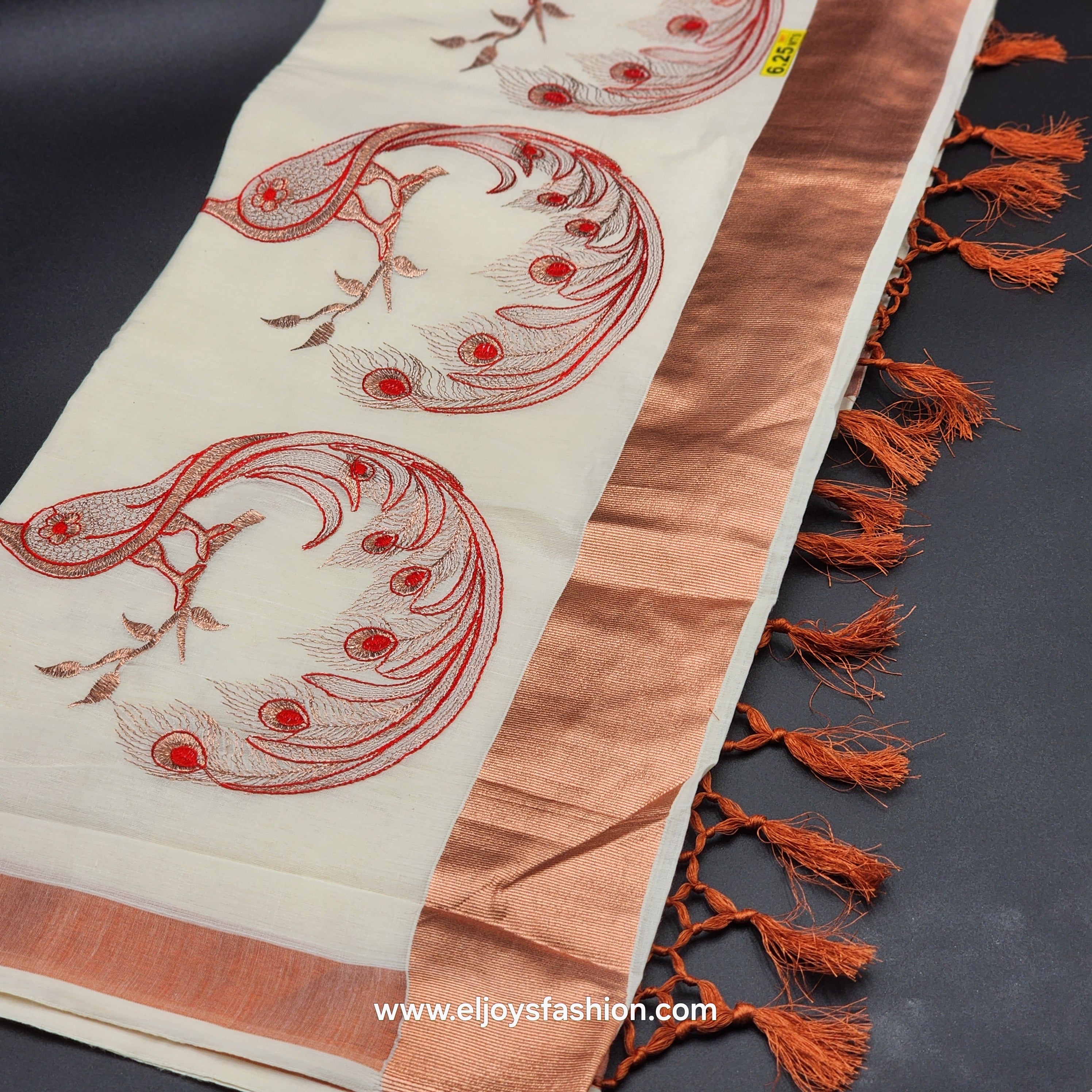 Saree 4 inch wide copper border with Tassel works ,The body is an embroidered red peacock on a golden branch 2147