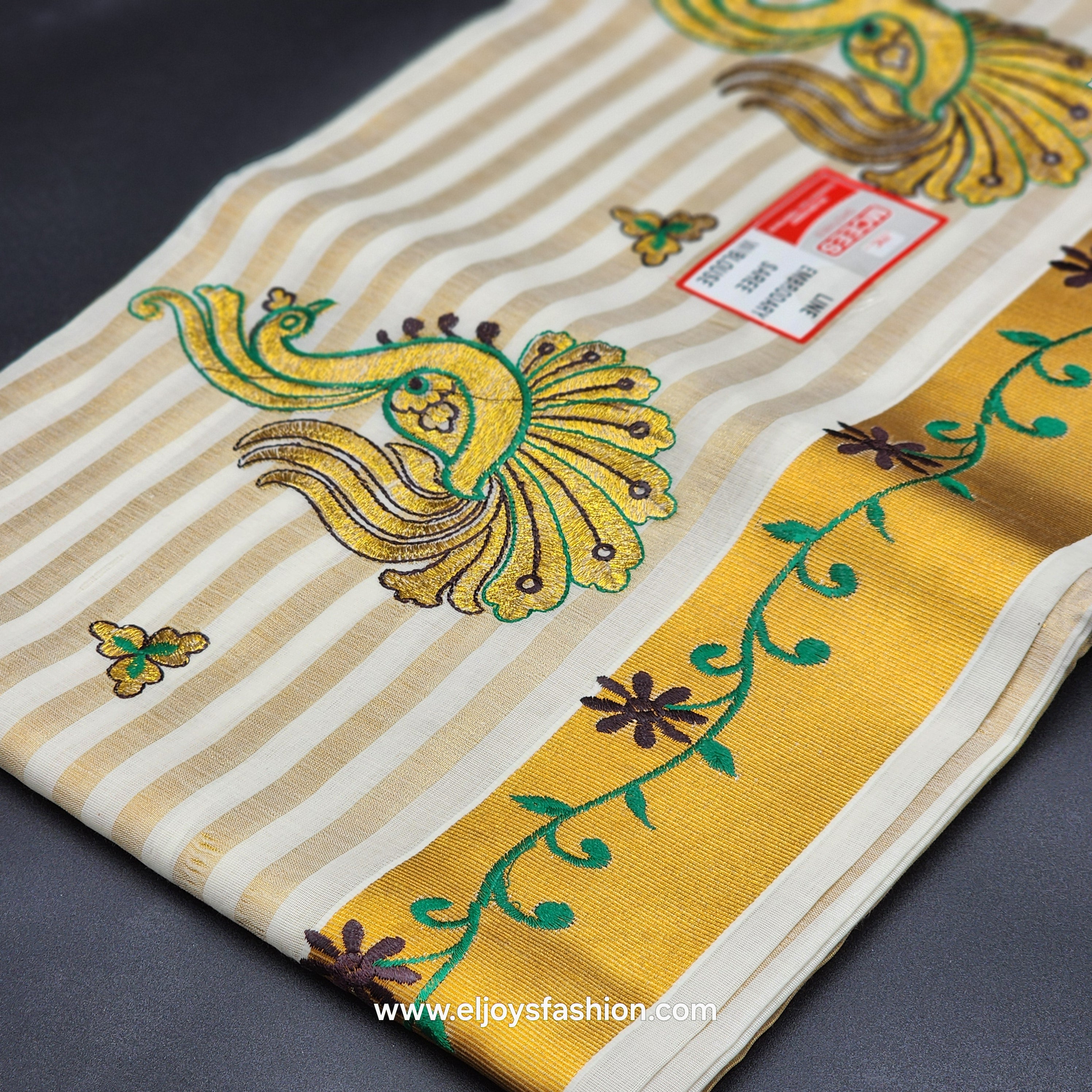 Saree golden border green creeper embroidery and full body Peacock design green/chocolate embroidered 2149