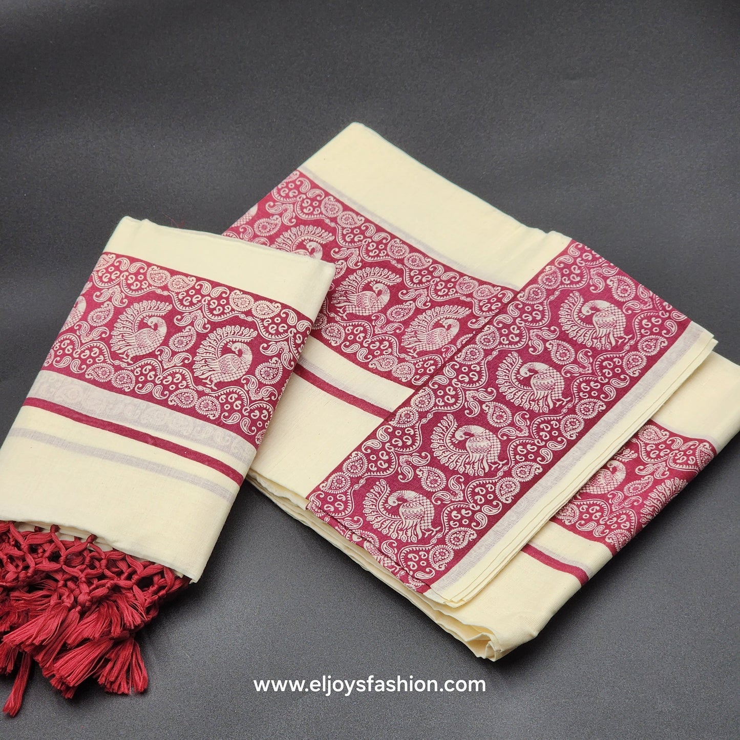 Set Mundu kalamkari peacock border with tassels   4001