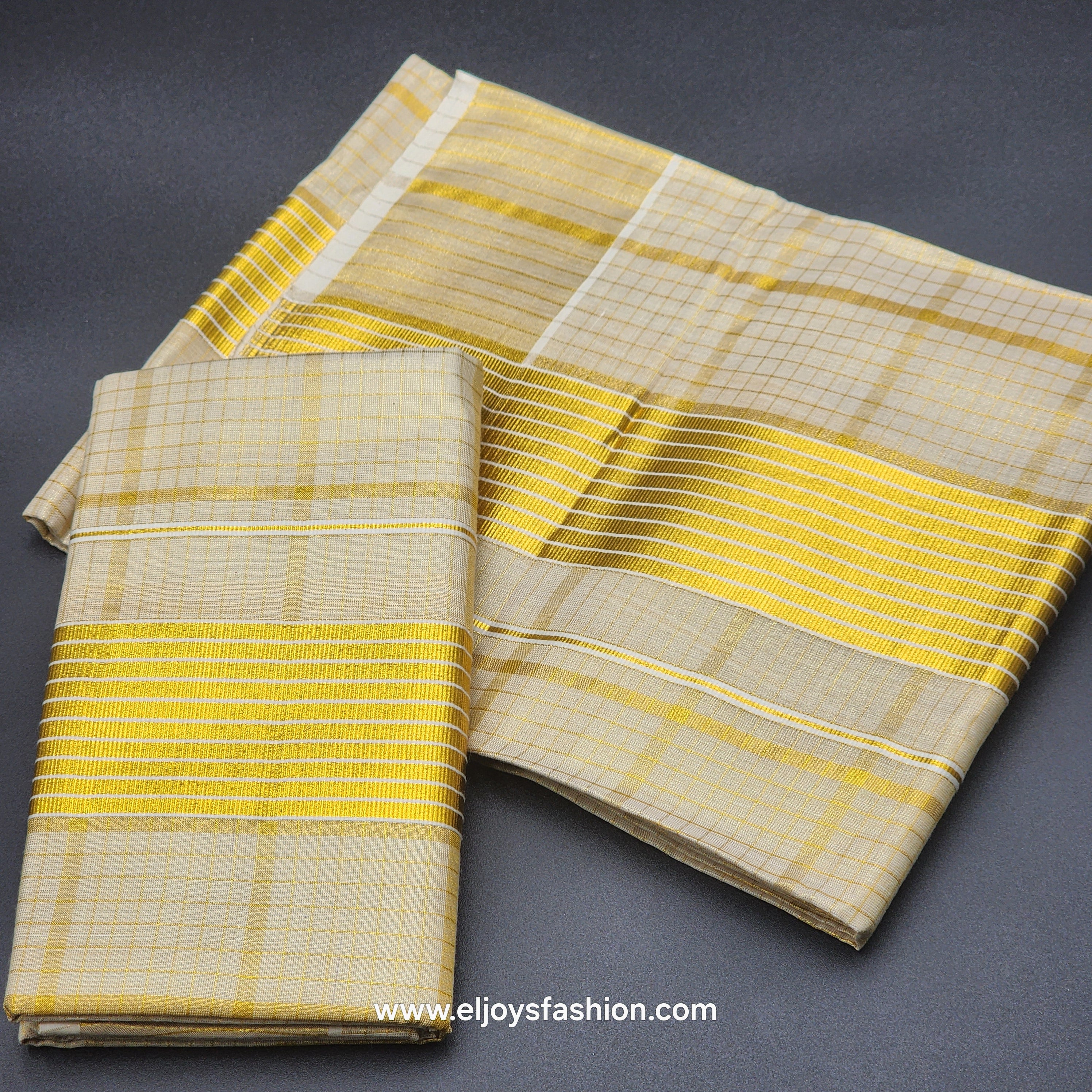 Set Mundu Full body gold box works border with Royal gold white lines 4003 Eljoys Fashion