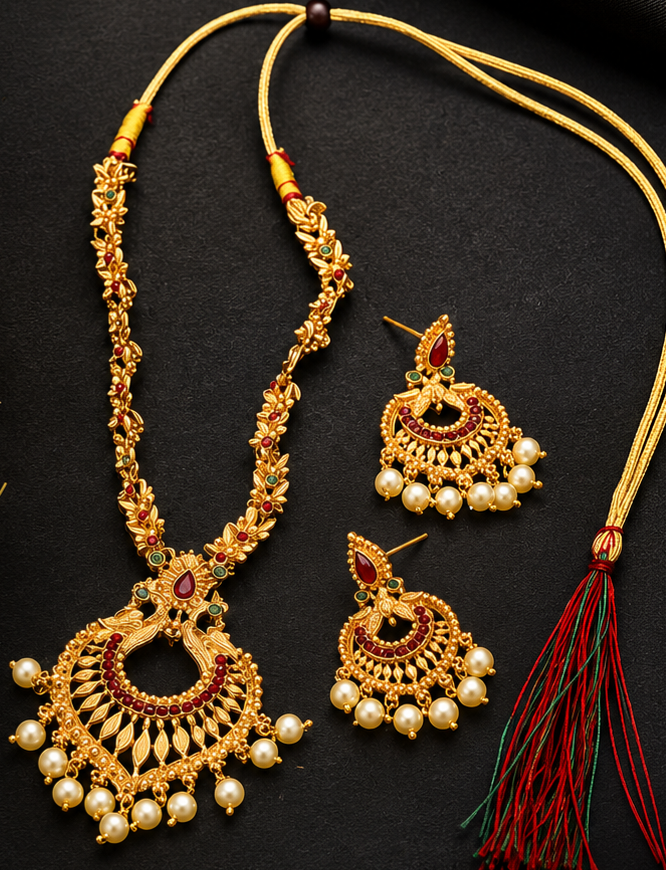 Necklace and earing Red ,Green stone and pearl earrings