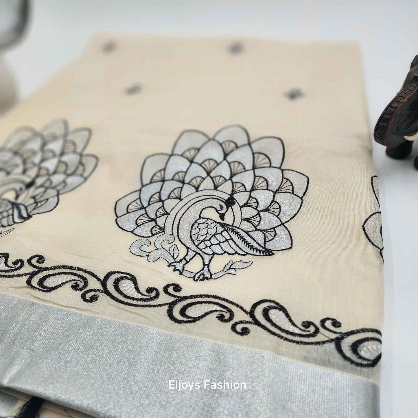 Tissue Silk South Indian Saree - Peacock design Cream and black combo