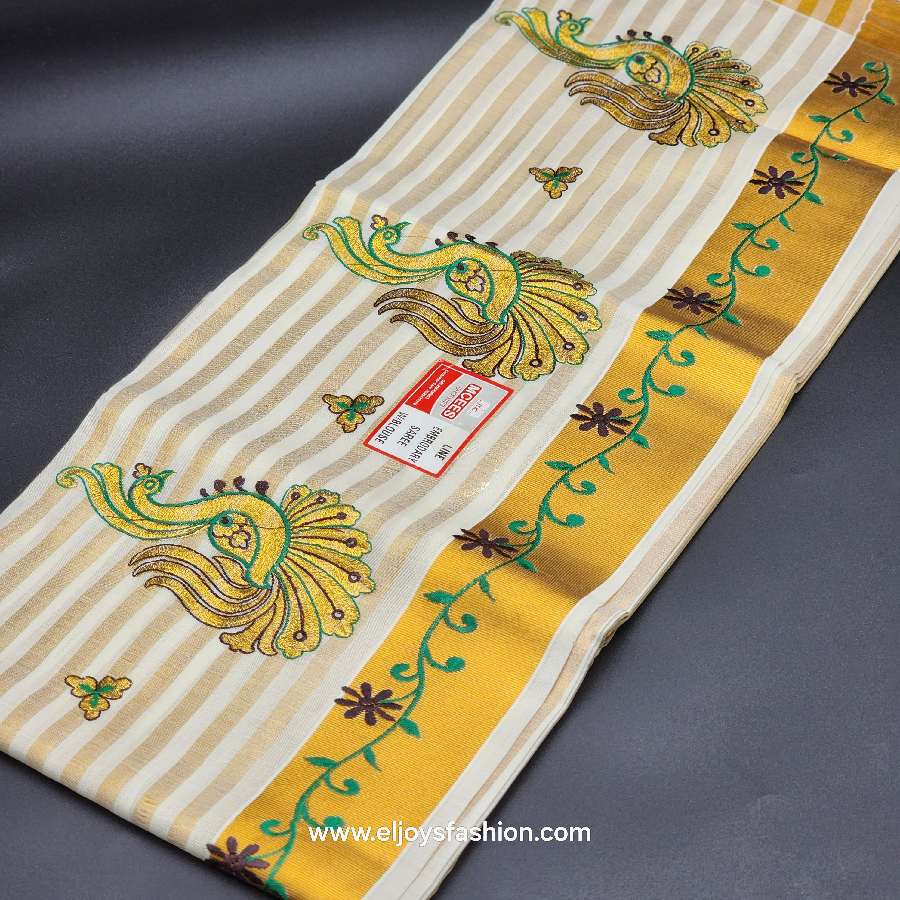 Saree golden border green creeper embroidery and full body Peacock design green/chocolate embroidered 2149
