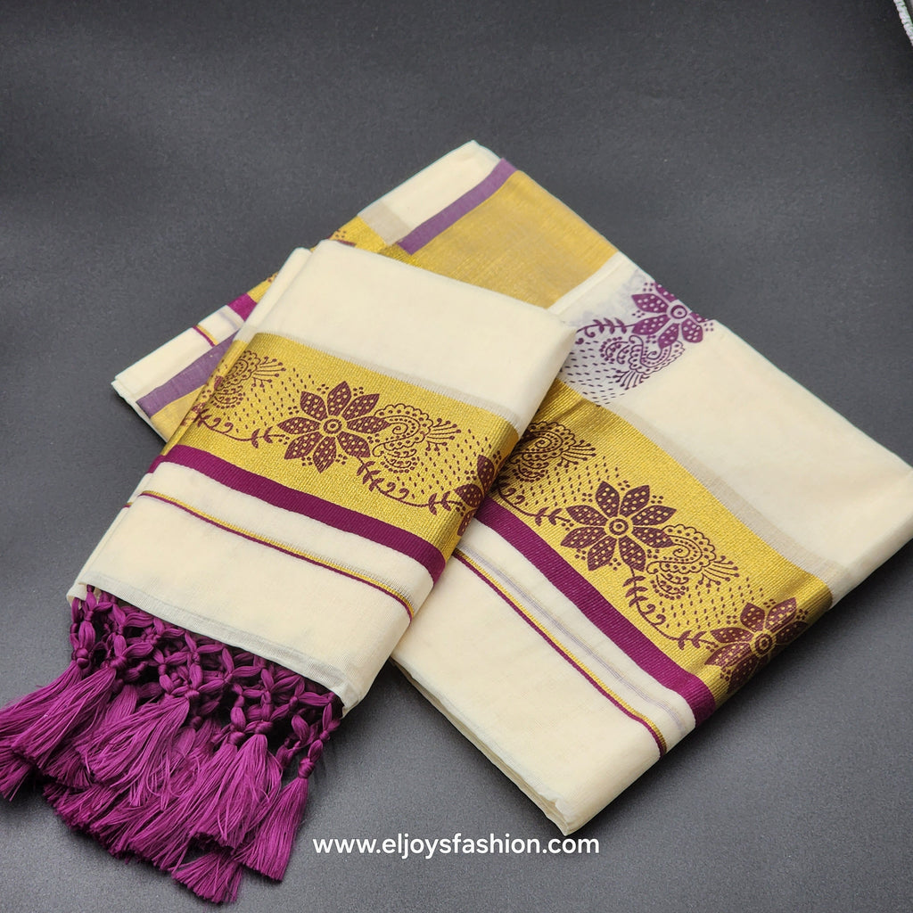 Set Mundu Tissue Silk  floral Design in purple and  Green with Tassel work 4012