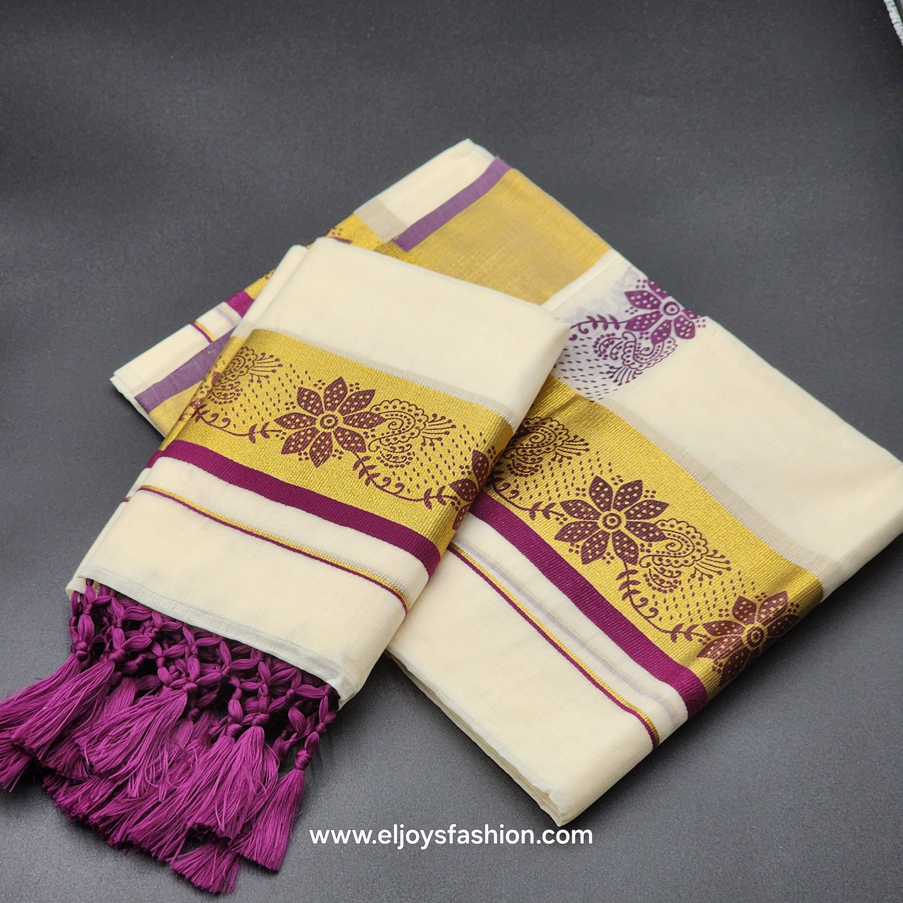 Set Mundu Tissue Silk  floral Design in purple and  Green with Tassel work 4012
