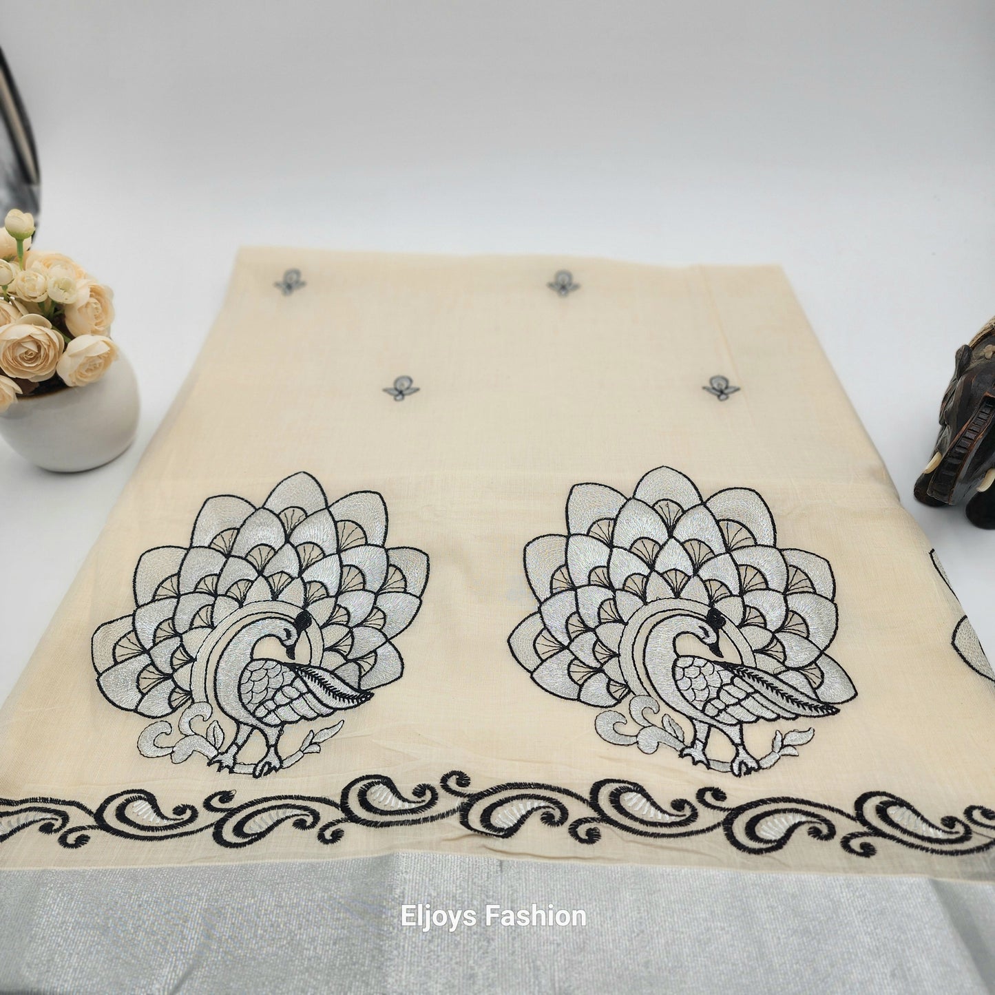 Tissue Silk South Indian Saree - Peacock design Cream and black combo