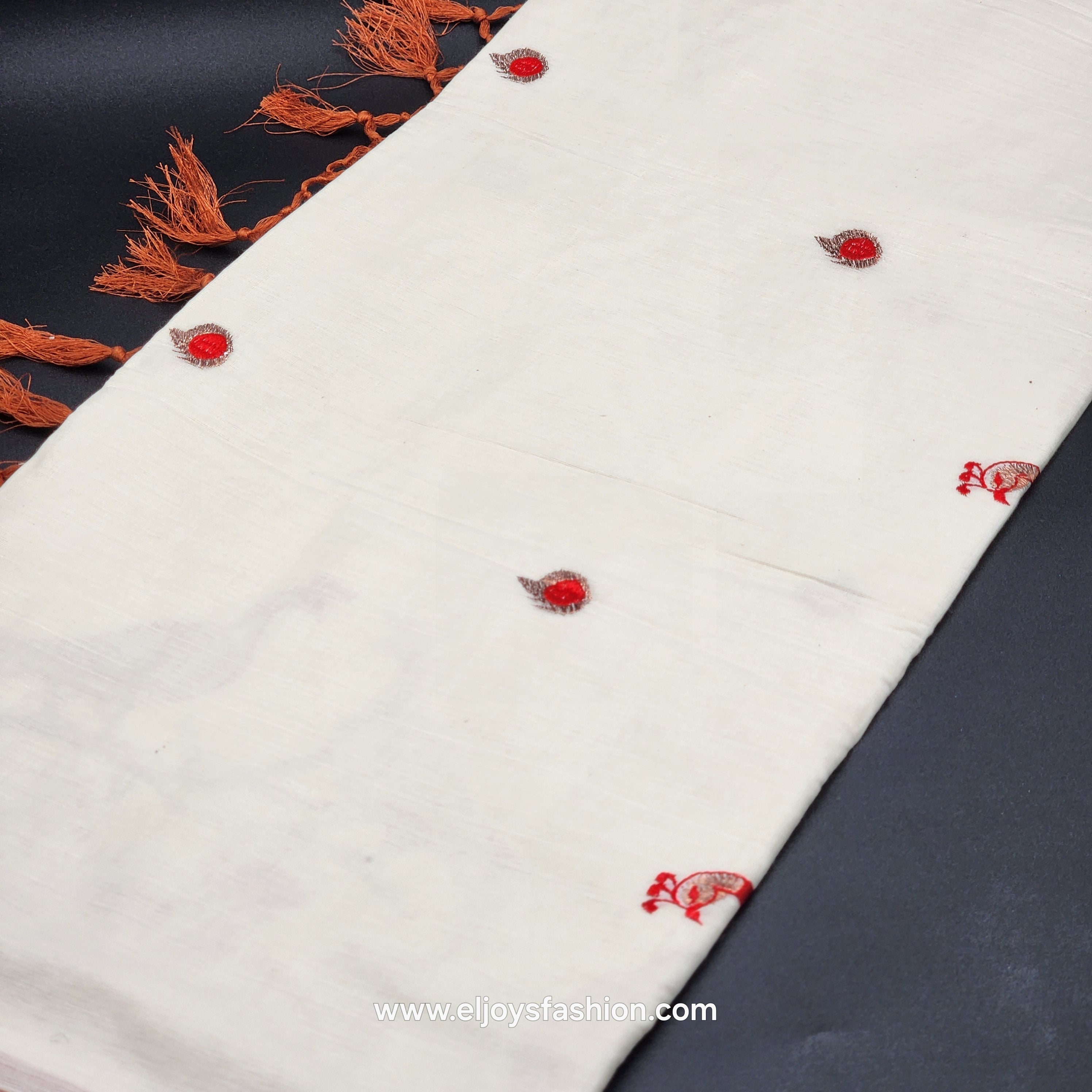 Saree 4 inch wide copper border with Tassel works ,The body is an embroidered red peacock on a golden branch 2147